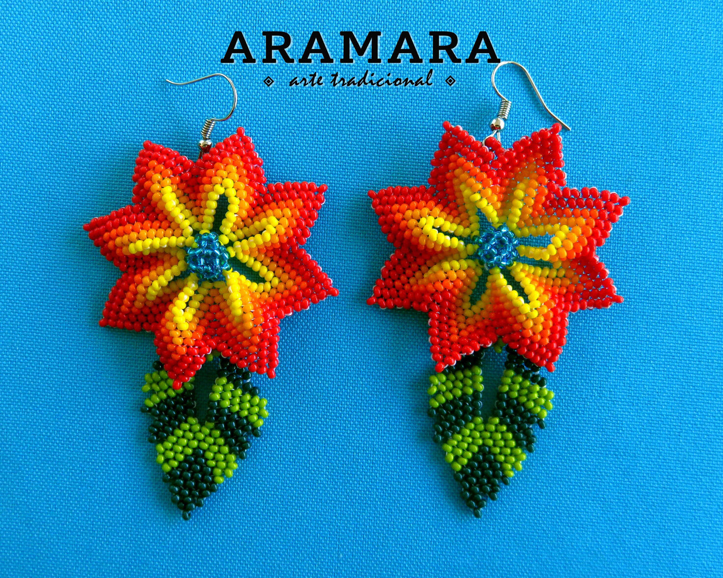 Red and Yellow Huichol Earrings Beaded Flower Earrings | AF-0915