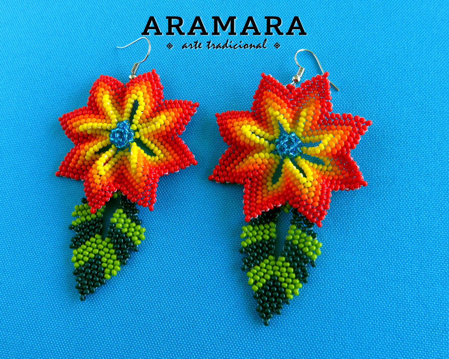 Red and Yellow Huichol Earrings Beaded Flower Earrings | AF-0915