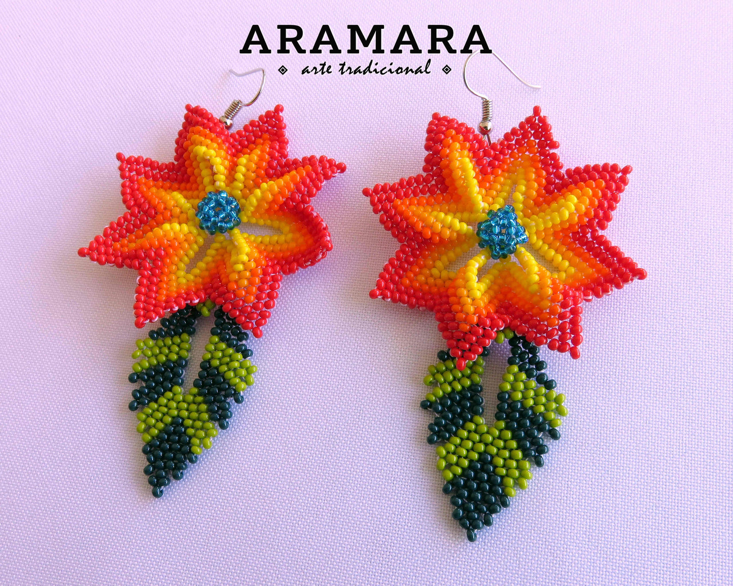 Red and Yellow Huichol Earrings Beaded Flower Earrings | AF-0915