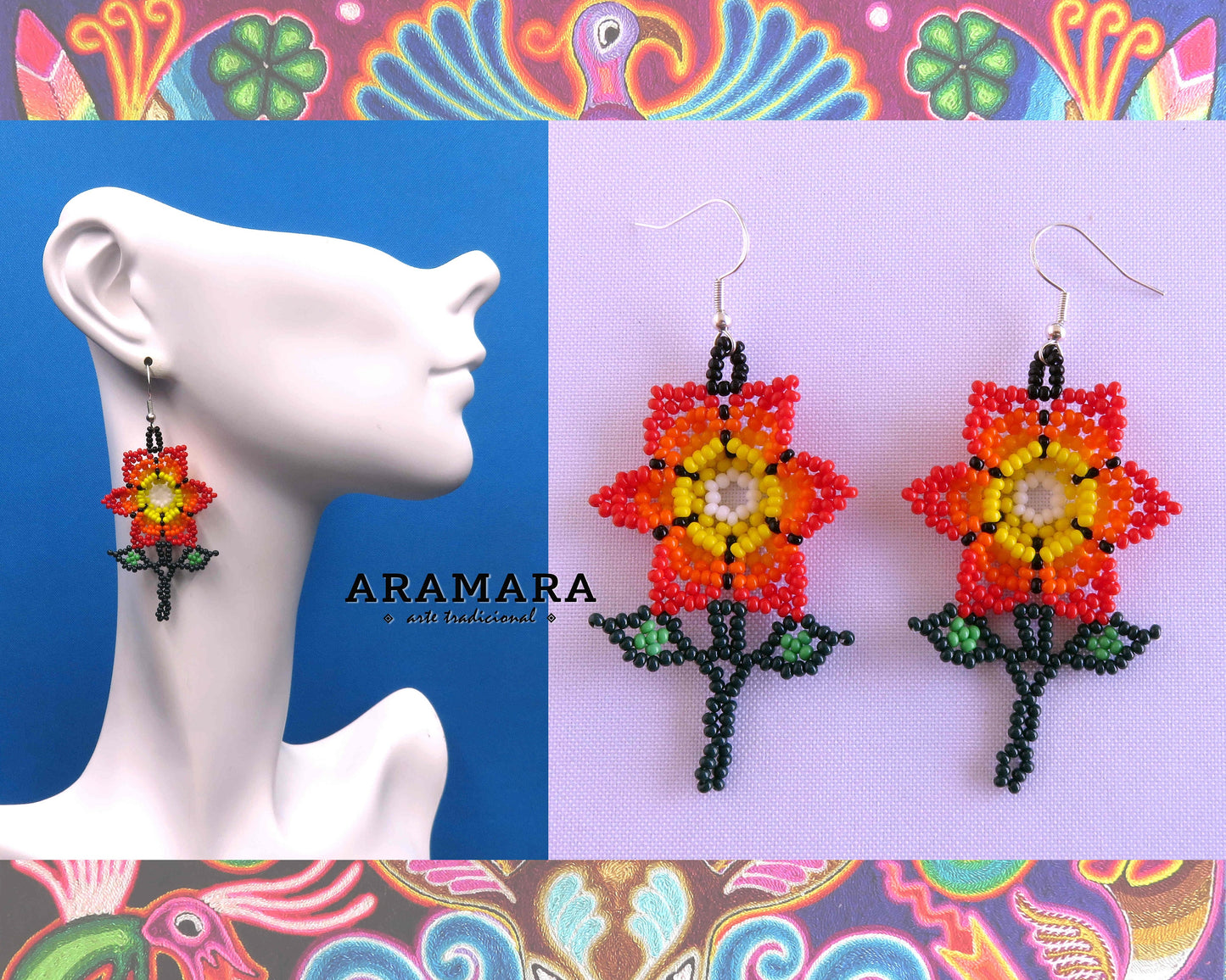 Red and yellow Huichol Beaded Flower Earrings | AF-0919