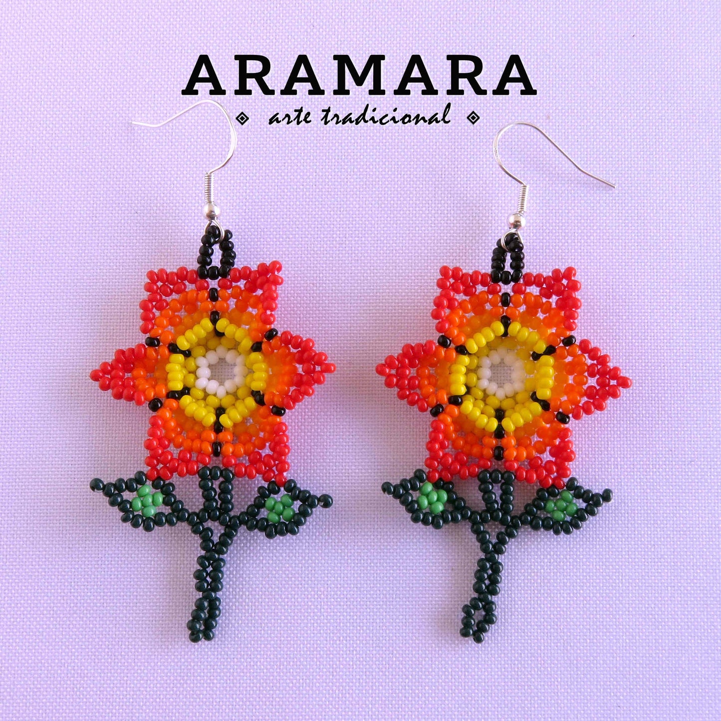 Red and yellow Huichol Beaded Flower Earrings | AF-0919