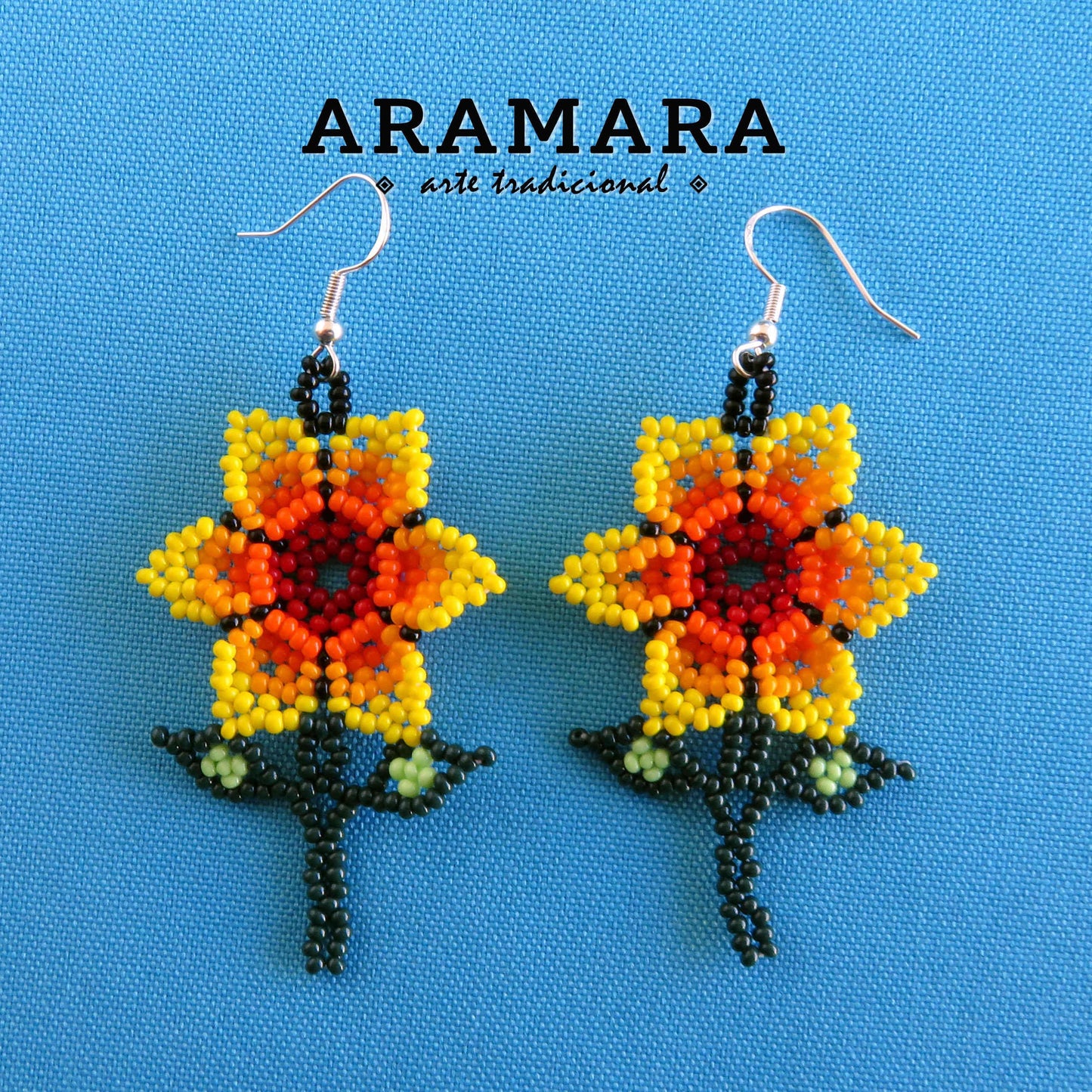 Mexican Jewelry, Mexican folk art, Huichol Earrings, Flower Earrings, Mexican earrings, Native american earrings, Beaded Flower, AF-0920