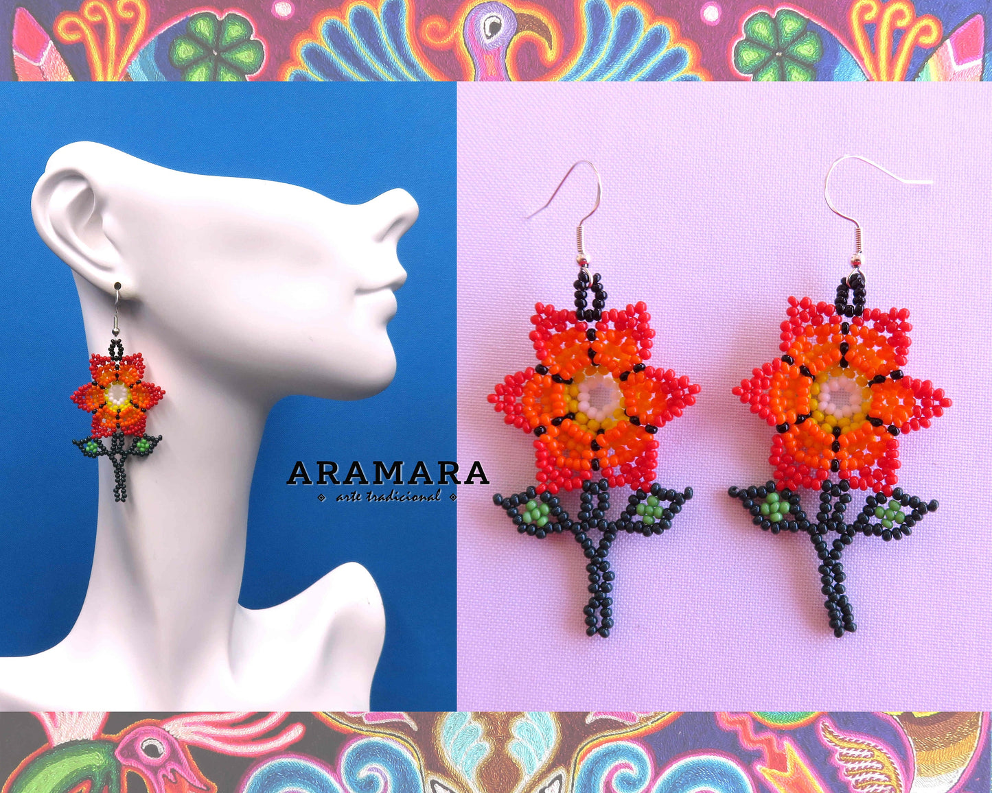 Red Huichol Beaded Flower Earrings | AF-0921