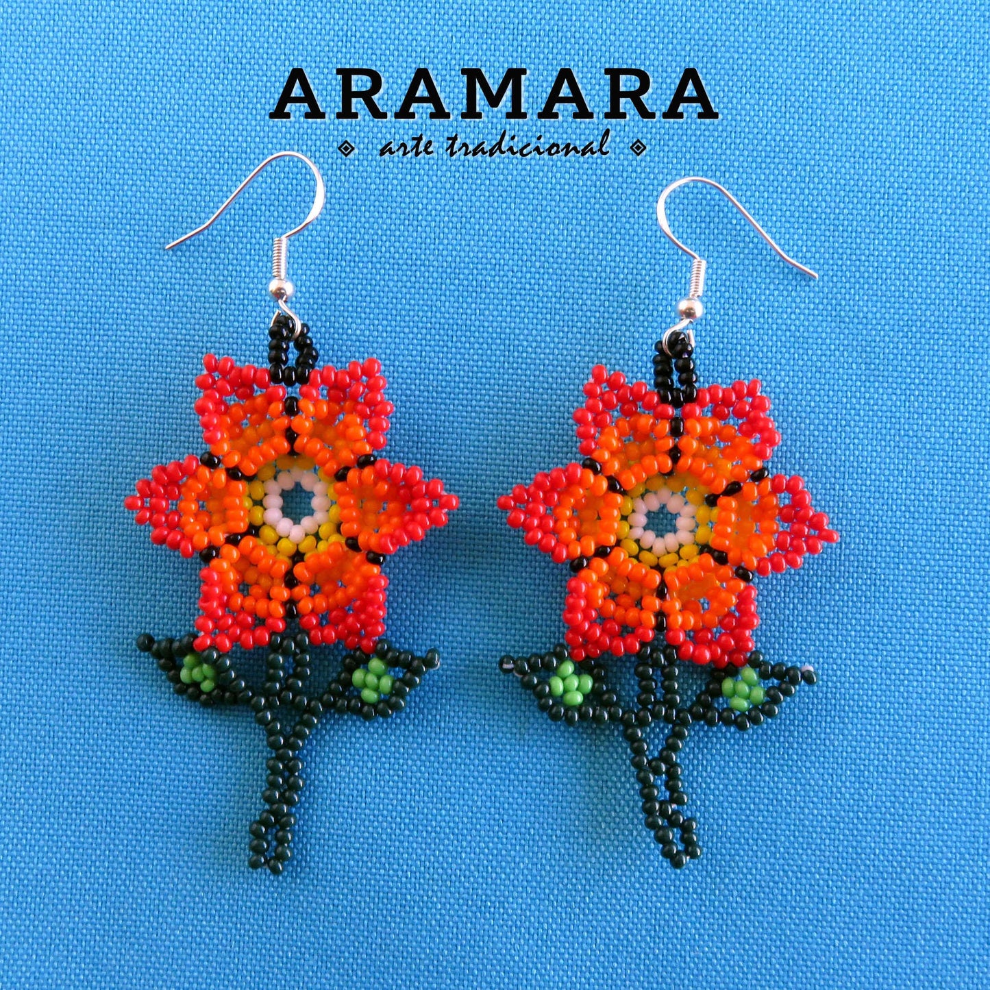 Red Huichol Beaded Flower Earrings | AF-0921