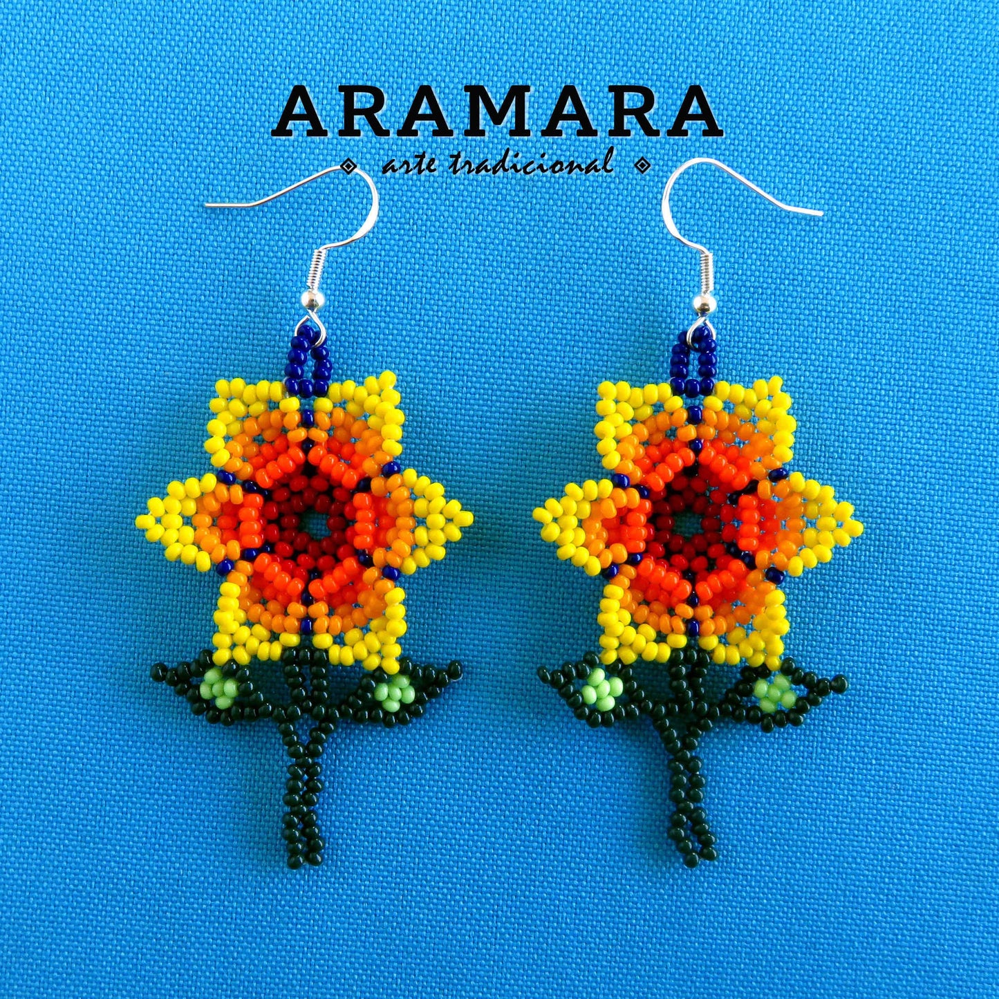 Yellow Huichol Beaded Flower Earrings | AF-0922