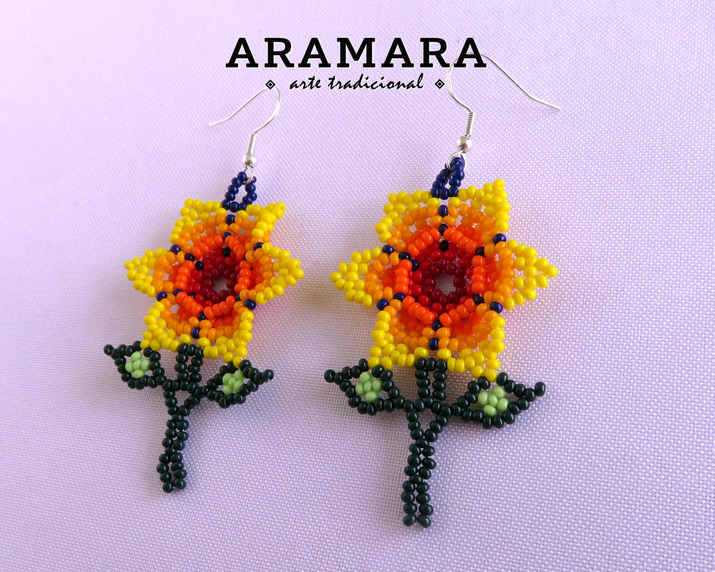 Yellow Huichol Beaded Flower Earrings | AF-0922