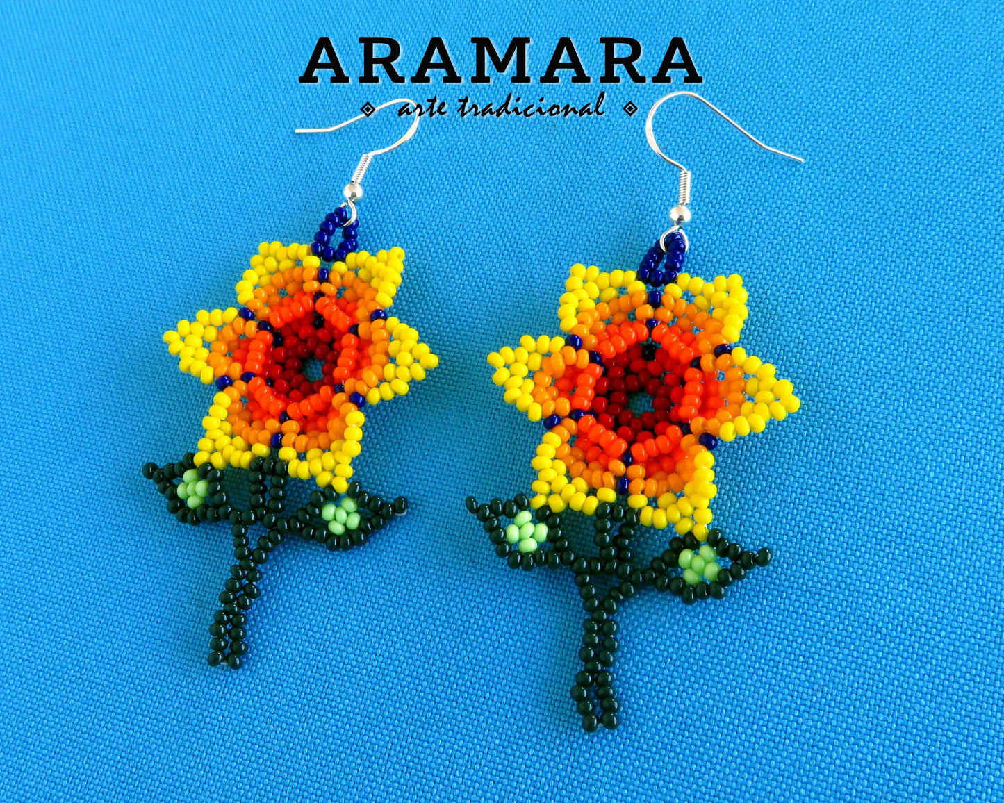 Yellow Huichol Beaded Flower Earrings | AF-0922