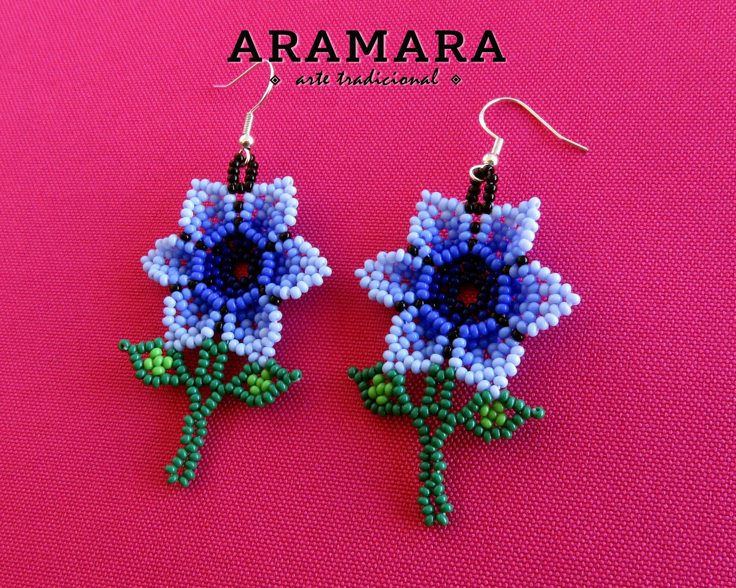 Blue Huichol Beaded Flower Earrings | AF-0927
