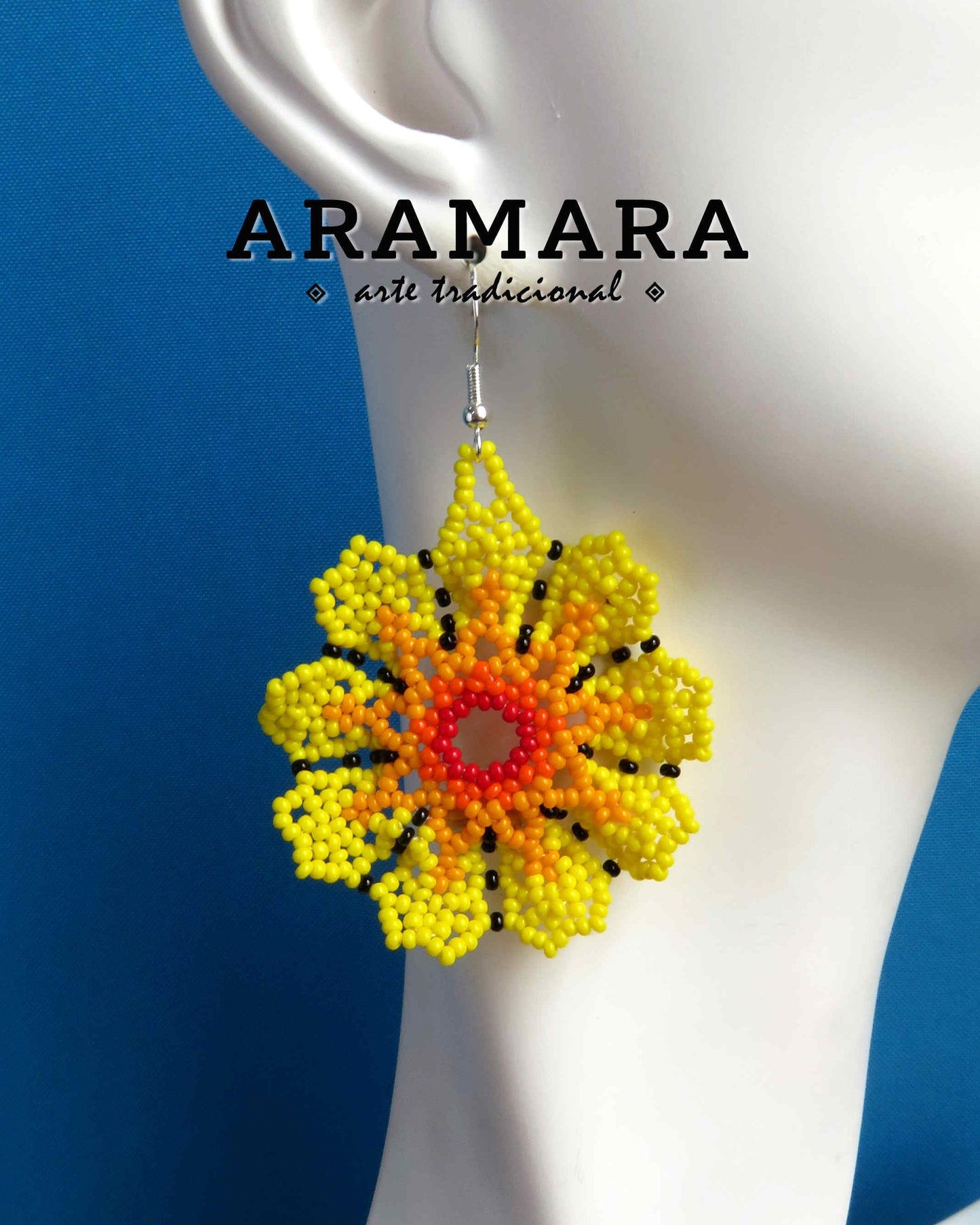 Yellow Huichol Beaded Flower Earrings | AF-0930