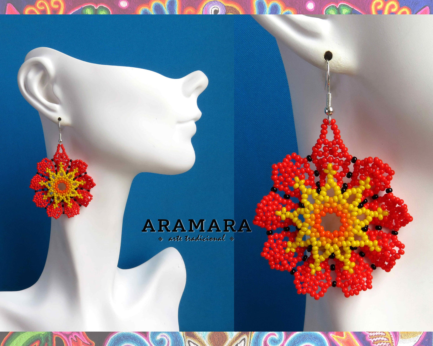 Native american earrings, Mexican Jewelry, Beaded Flower, Flower Earrings, Mexican earrings, Mexican folk art, Huichol Earrings, AF-0932