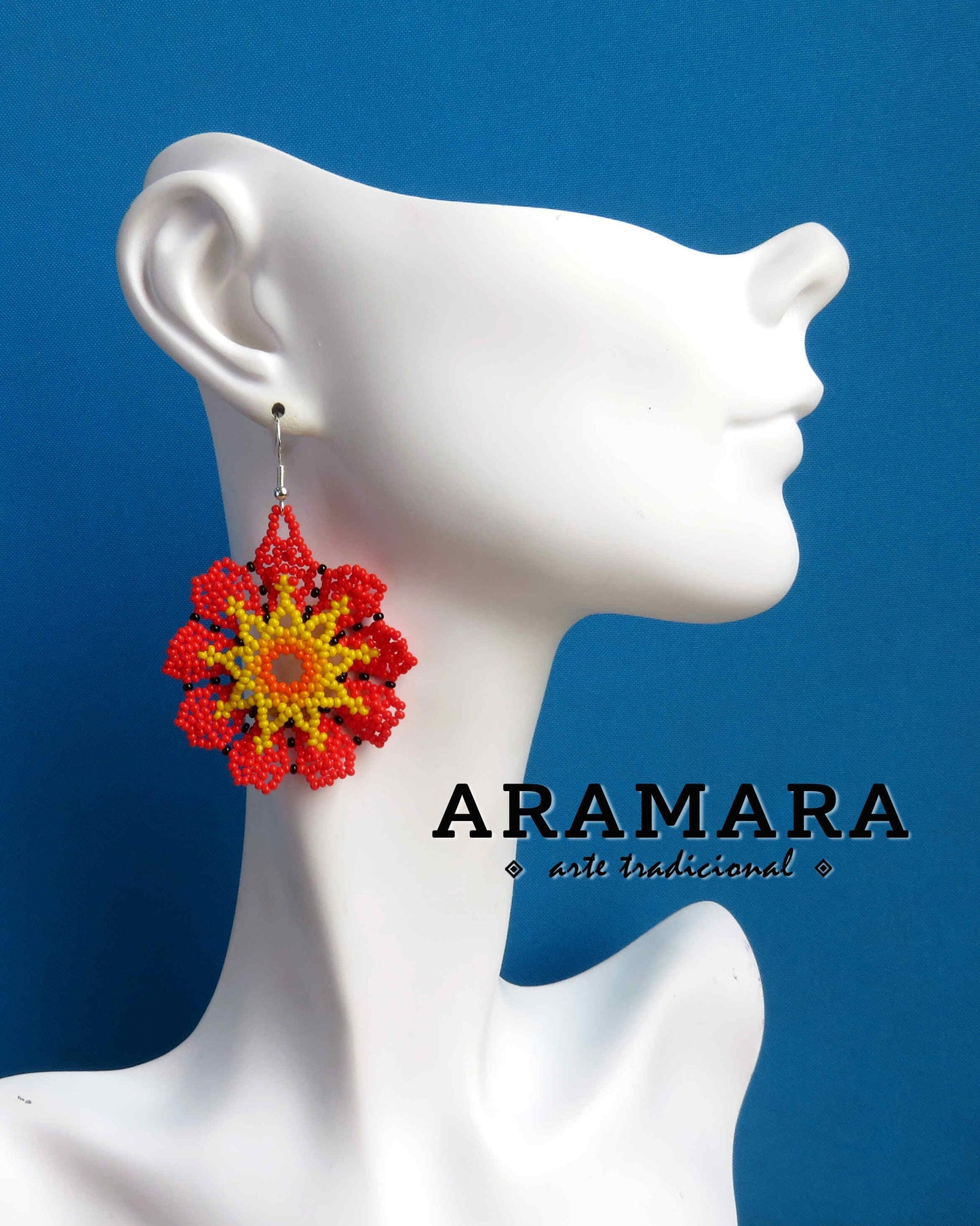 Native american earrings, Mexican Jewelry, Beaded Flower, Flower Earrings, Mexican earrings, Mexican folk art, Huichol Earrings, AF-0932