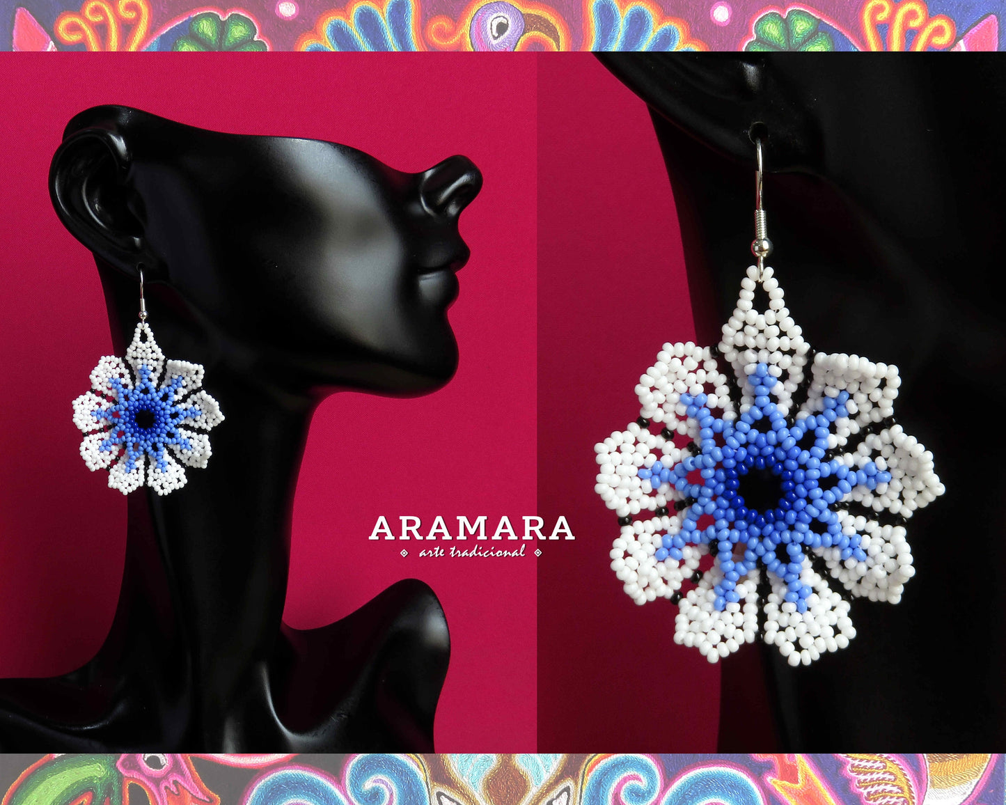 Native american earrings, Mexican earrings, Beaded Flower, Mexican folk art, Mexican Jewelry, Huichol Earrings, Flower Earrings, AF-0935