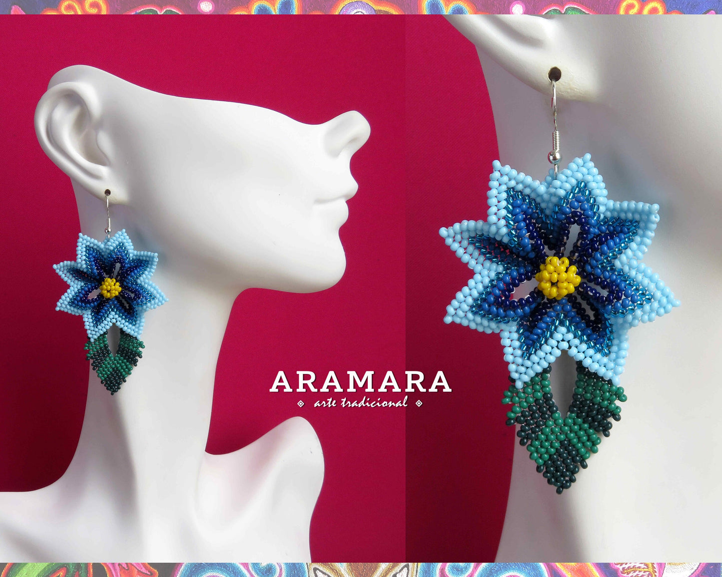 Blue Huichol Beaded Flower Earrings | AF-0936