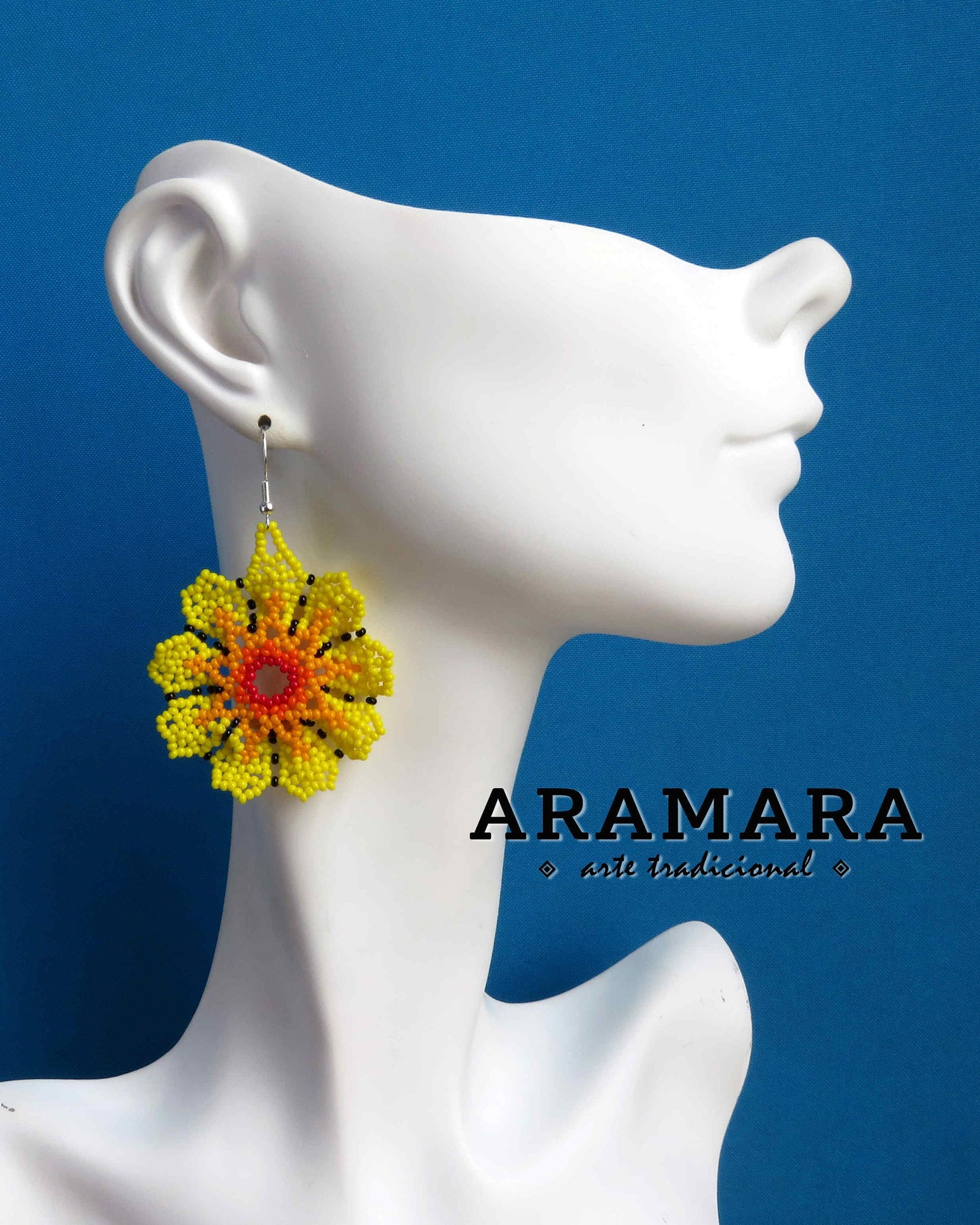 Yellow Huichol Beaded Flower Earrings | AF-0930