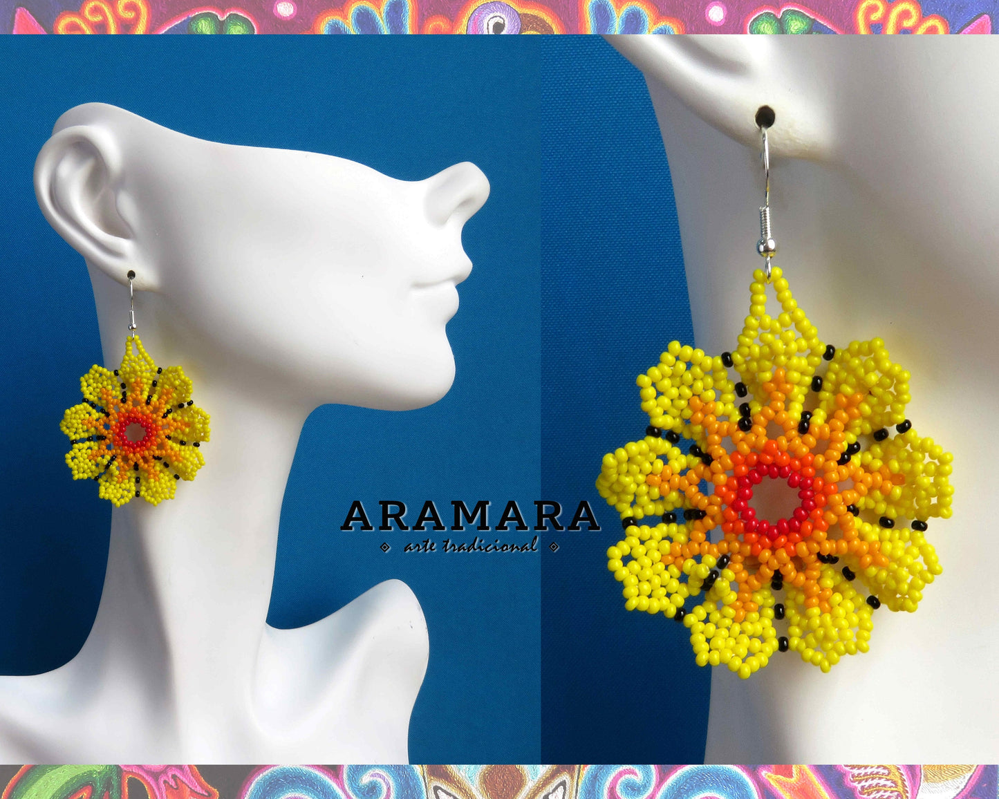 Yellow Huichol Beaded Flower Earrings | AF-0930