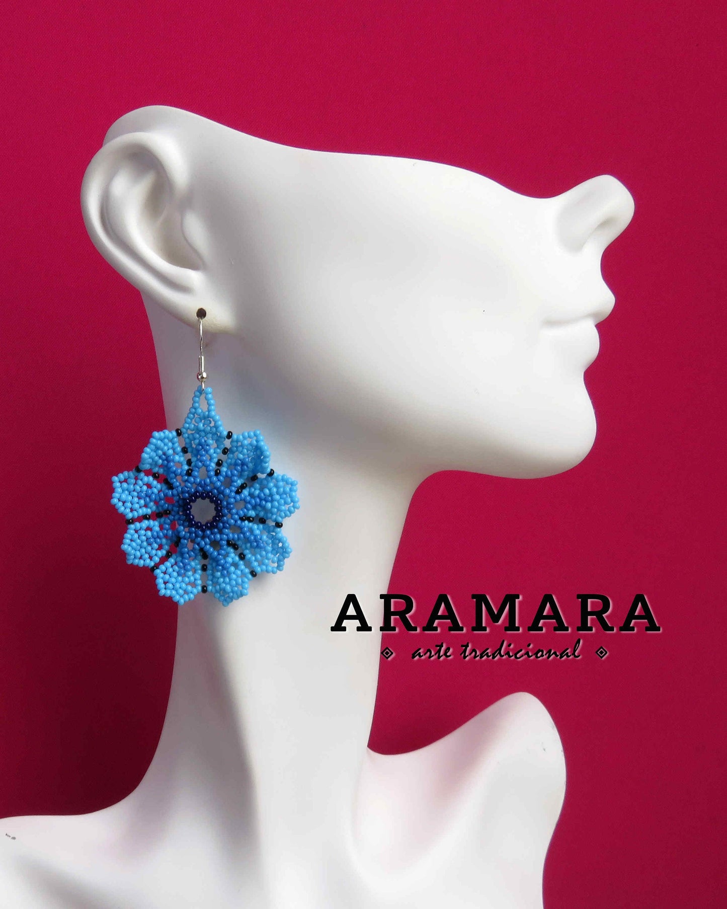 Blue Huichol Beaded Flower Earrings | AF-0931
