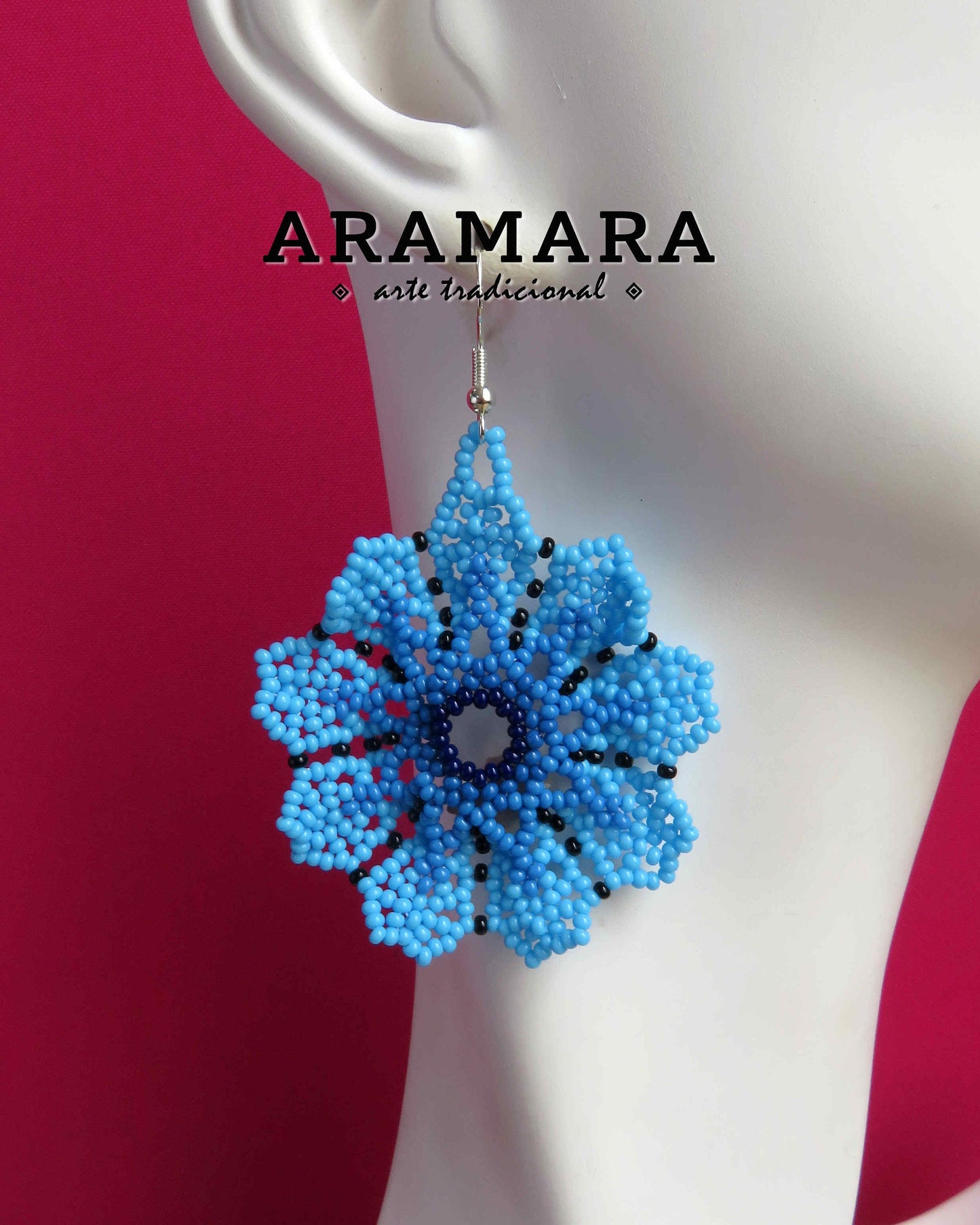 Blue Huichol Beaded Flower Earrings | AF-0931