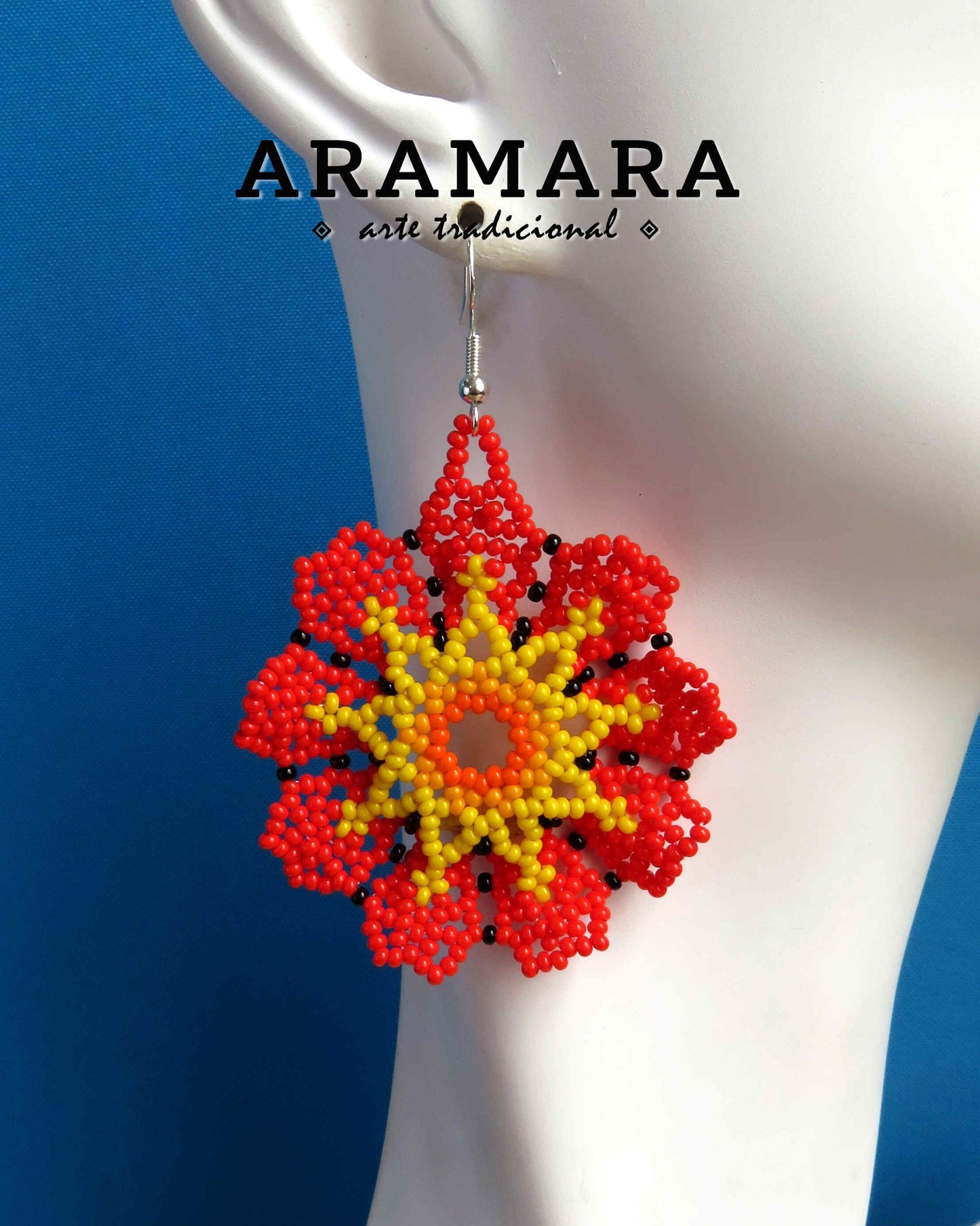 Native american earrings, Mexican Jewelry, Beaded Flower, Flower Earrings, Mexican earrings, Mexican folk art, Huichol Earrings, AF-0932