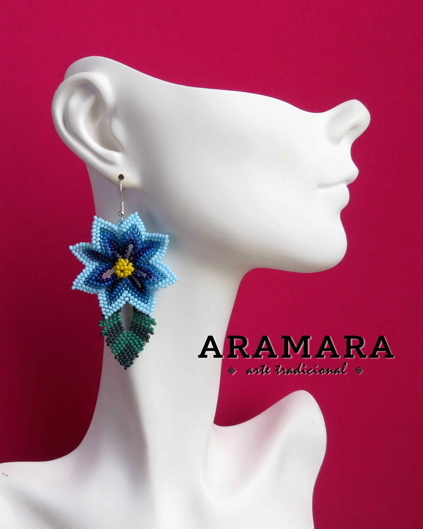 Blue Huichol Beaded Flower Earrings | AF-0936