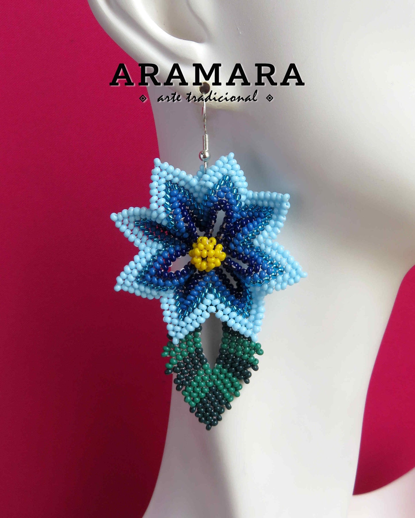 Blue Huichol Beaded Flower Earrings | AF-0936