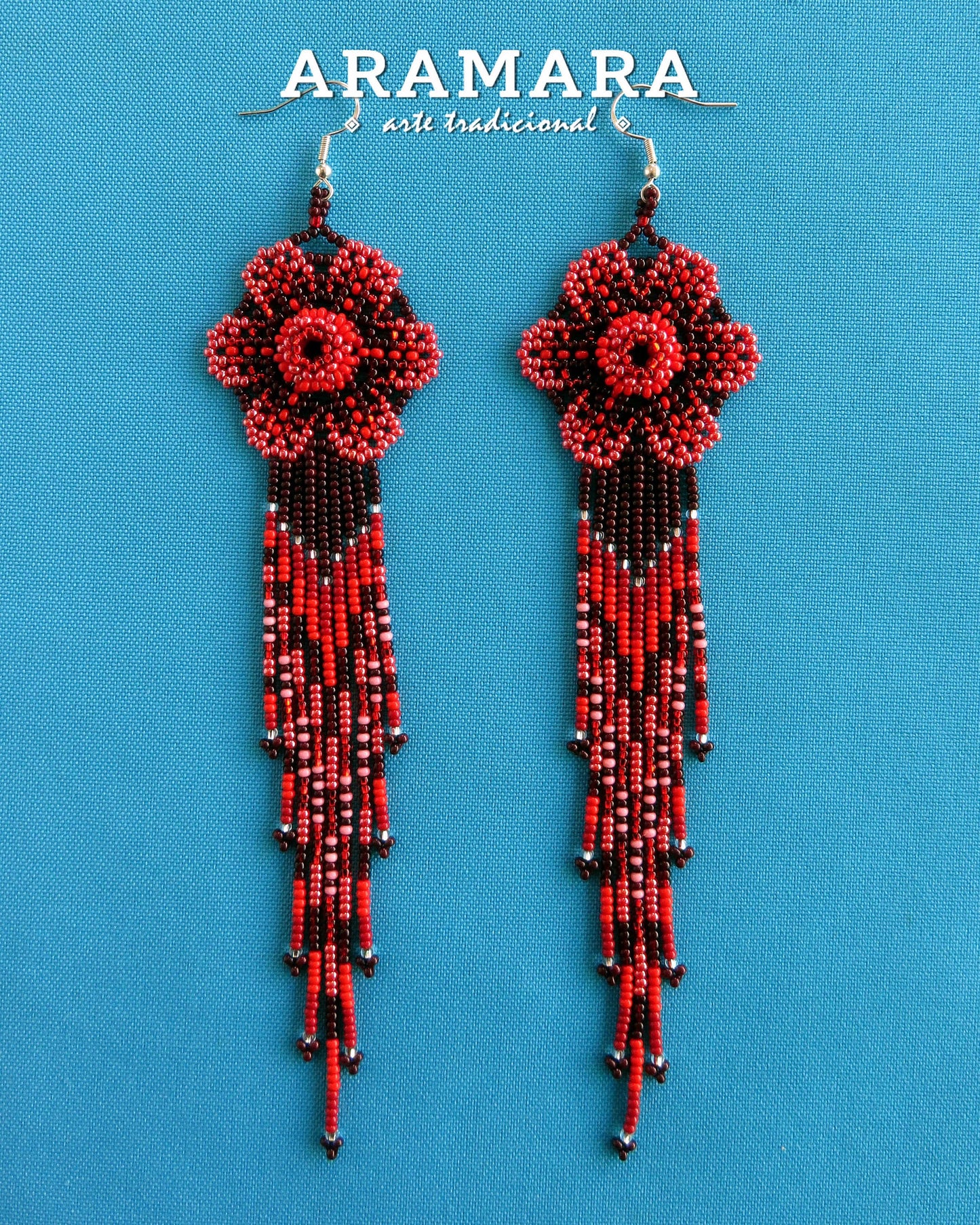 Huichol Beaded Flower Earrings, Beaded Flower | AF-0941
