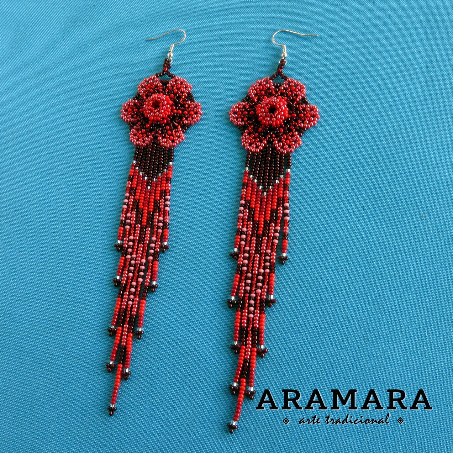 Huichol Beaded Flower Earrings, Beaded Flower | AF-0941