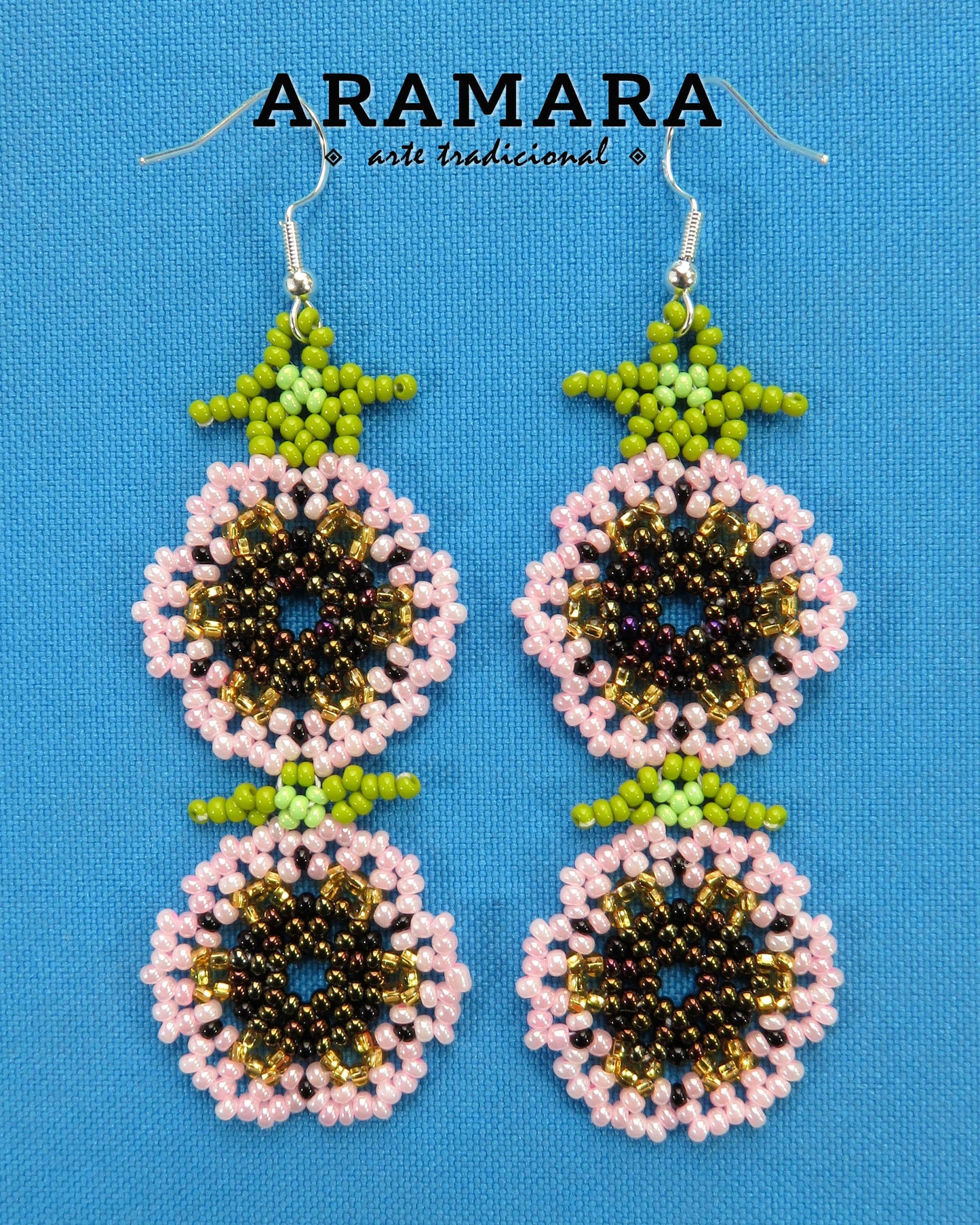 White Huichol Beaded Flower Earrings | AF-0945