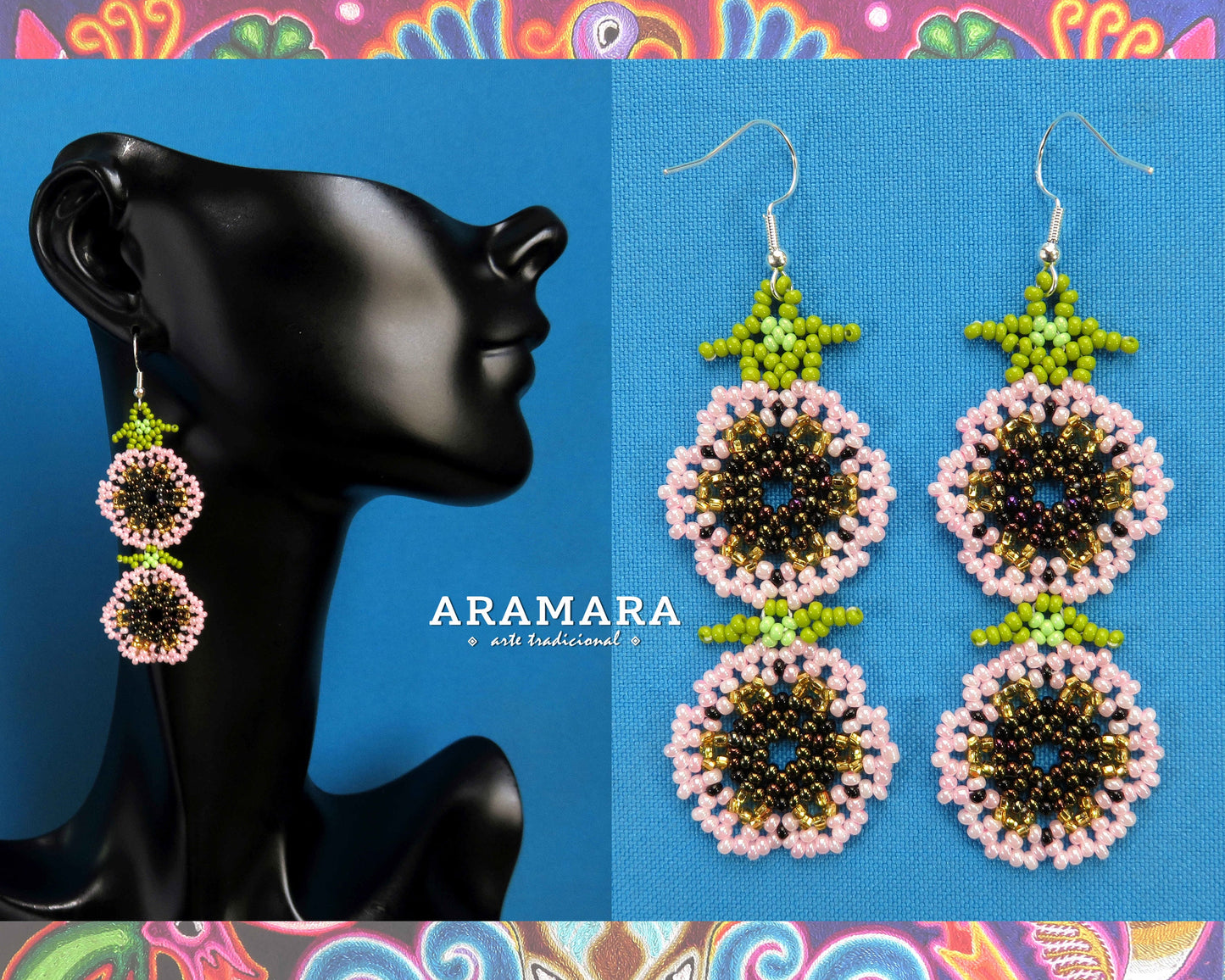 White Huichol Beaded Flower Earrings | AF-0945