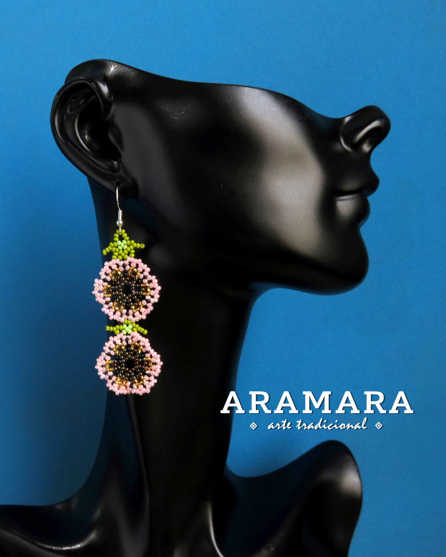 White Huichol Beaded Flower Earrings | AF-0945