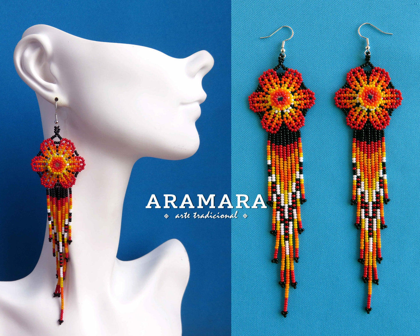 Red Huichol Beaded Flower Earrings | AF-0861