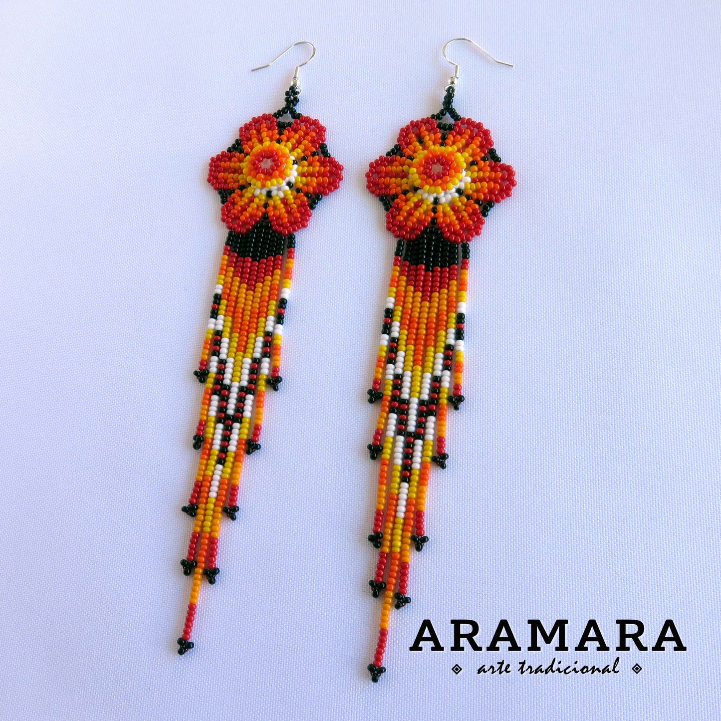 Red Huichol Beaded Flower Earrings | AF-0861