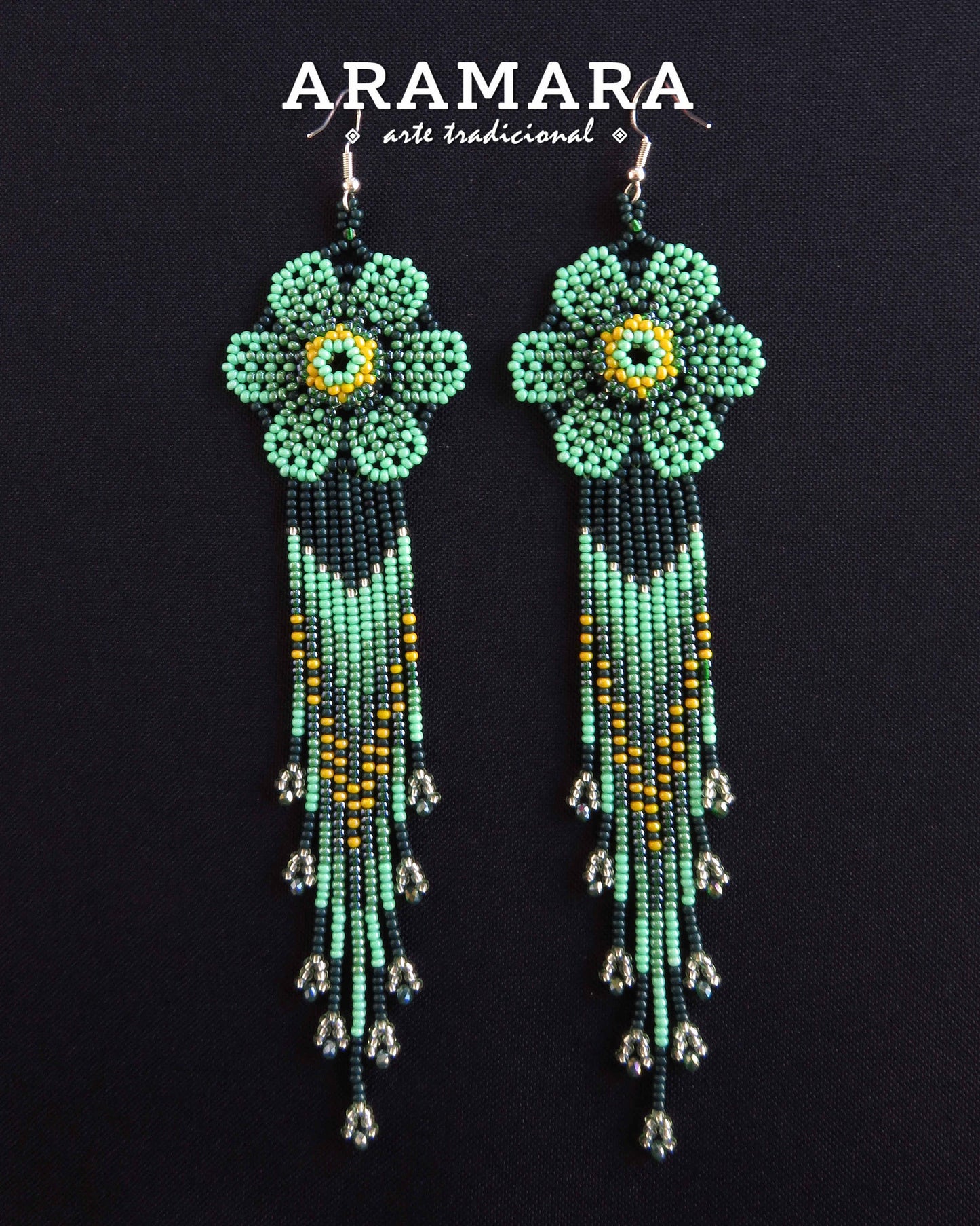 Native american earrings, Flower Earrings, Huichol Earrings, Mexican Jewelry, Mexican folk art, Beaded Flower, Mexican earrings, AF-0942