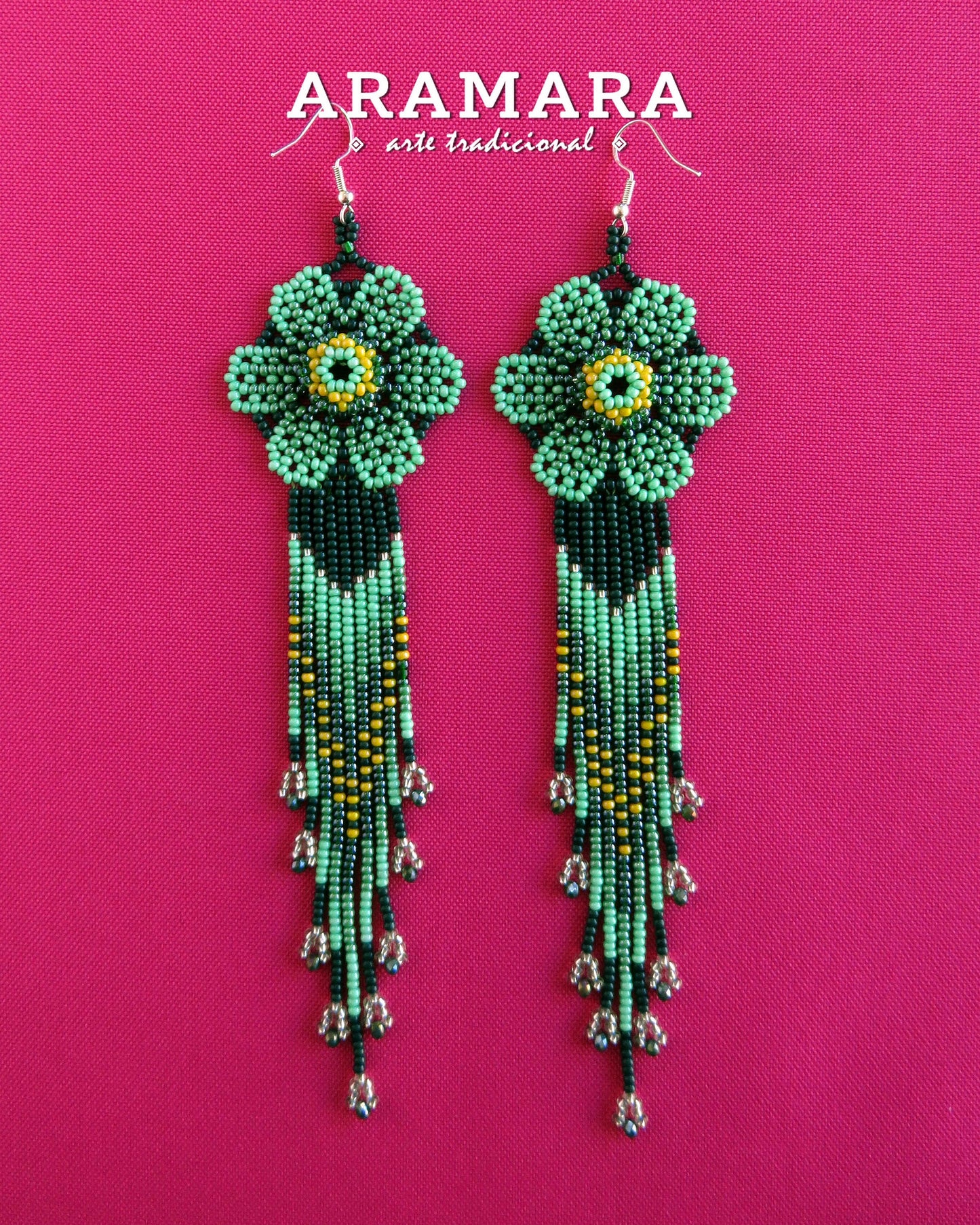 Native american earrings, Flower Earrings, Huichol Earrings, Mexican Jewelry, Mexican folk art, Beaded Flower, Mexican earrings, AF-0942