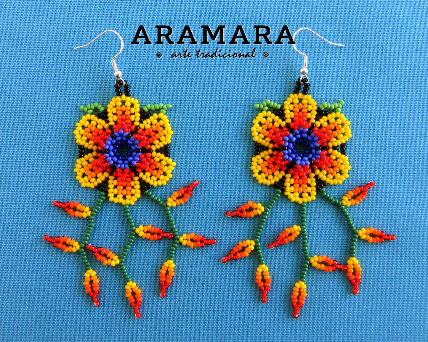 Yellow Huichol Beaded Flower Earrings | AF-0943