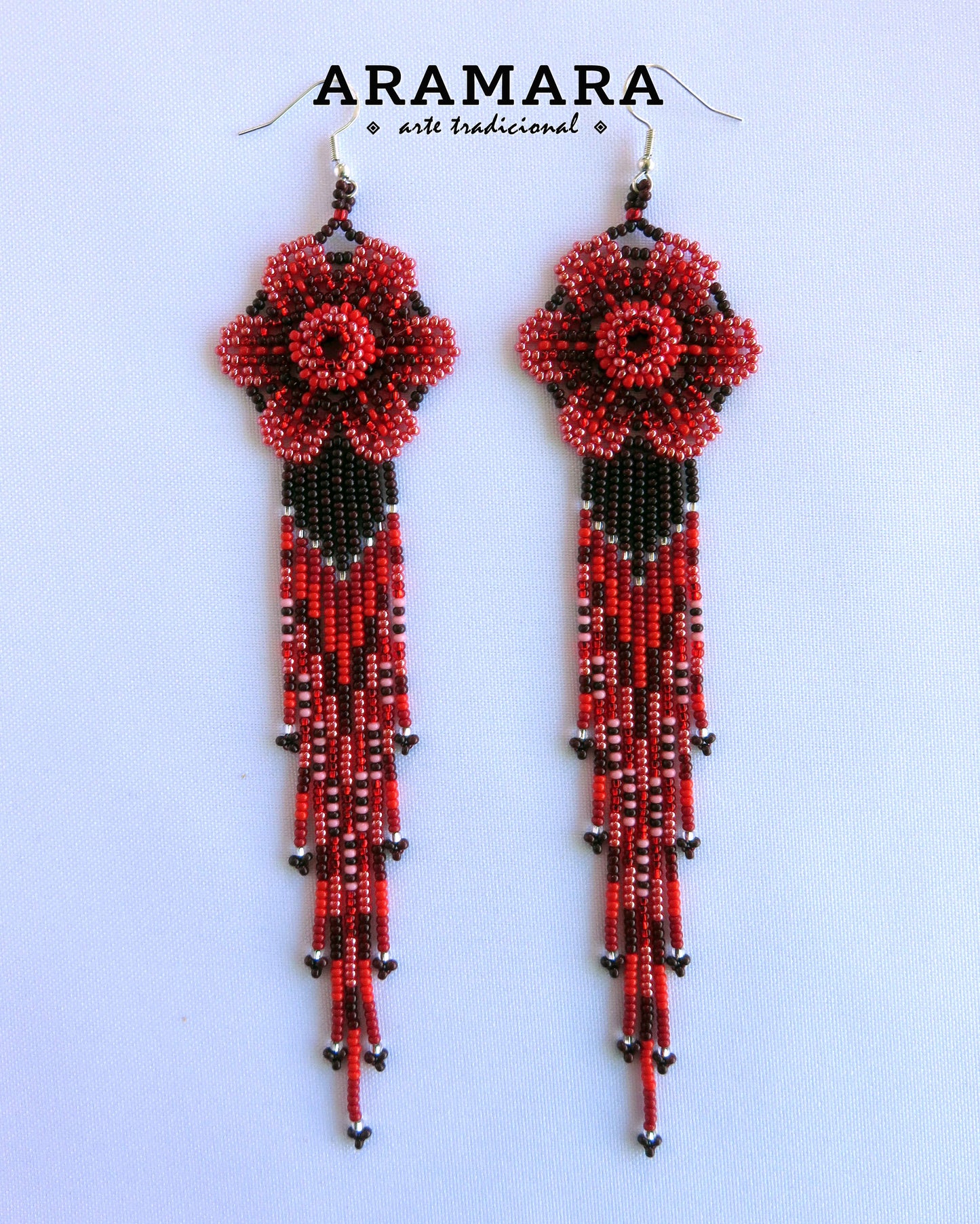 Huichol Beaded Flower Earrings, Beaded Flower | AF-0941