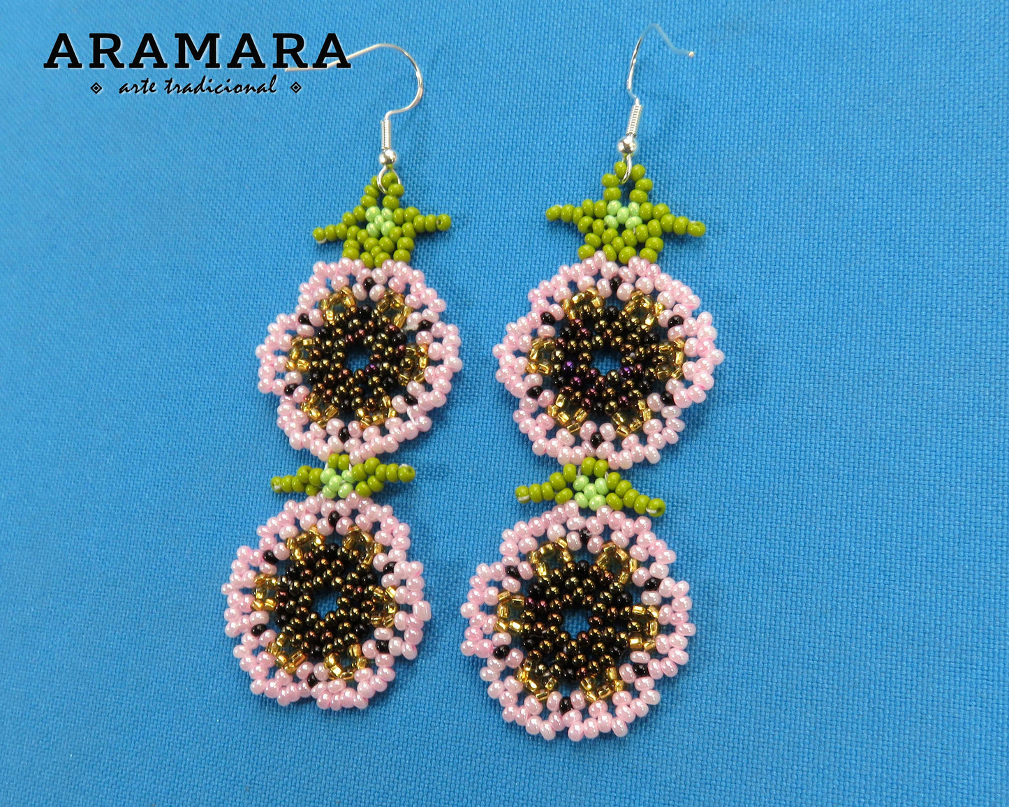 White Huichol Beaded Flower Earrings | AF-0945