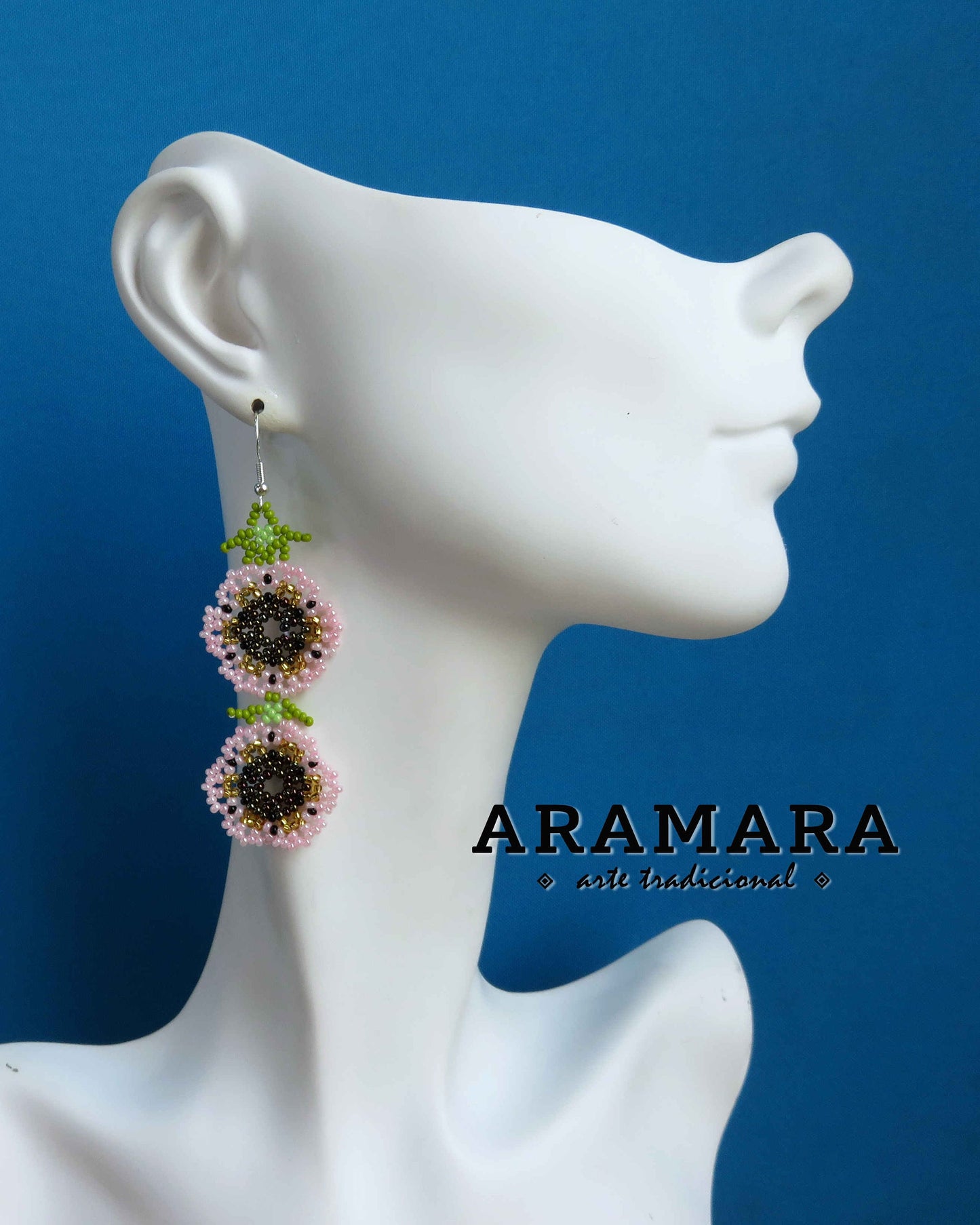 White Huichol Beaded Flower Earrings | AF-0945