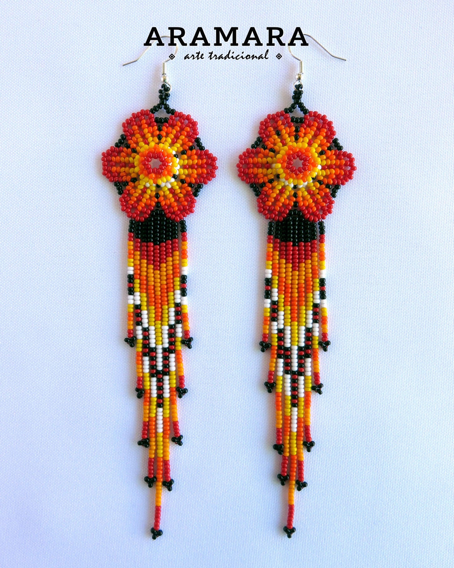 Red Huichol Beaded Flower Earrings | AF-0861