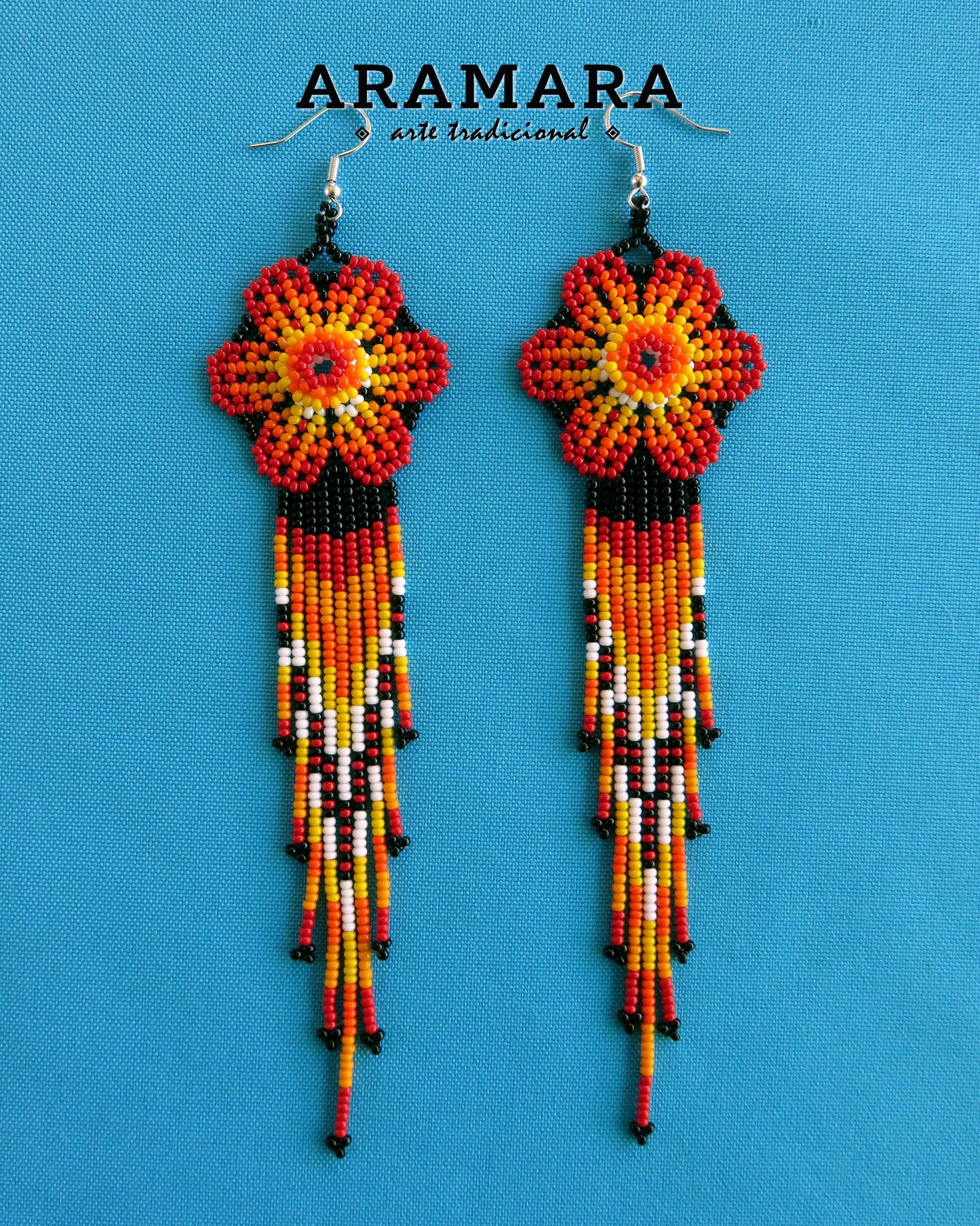 Red Huichol Beaded Flower Earrings | AF-0861