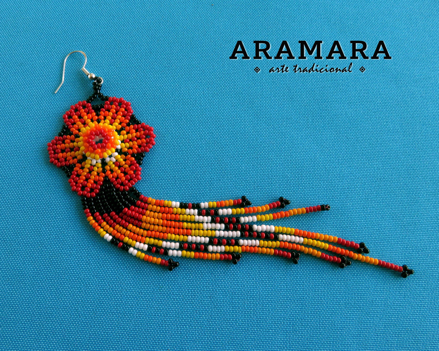 Red Huichol Beaded Flower Earrings | AF-0861