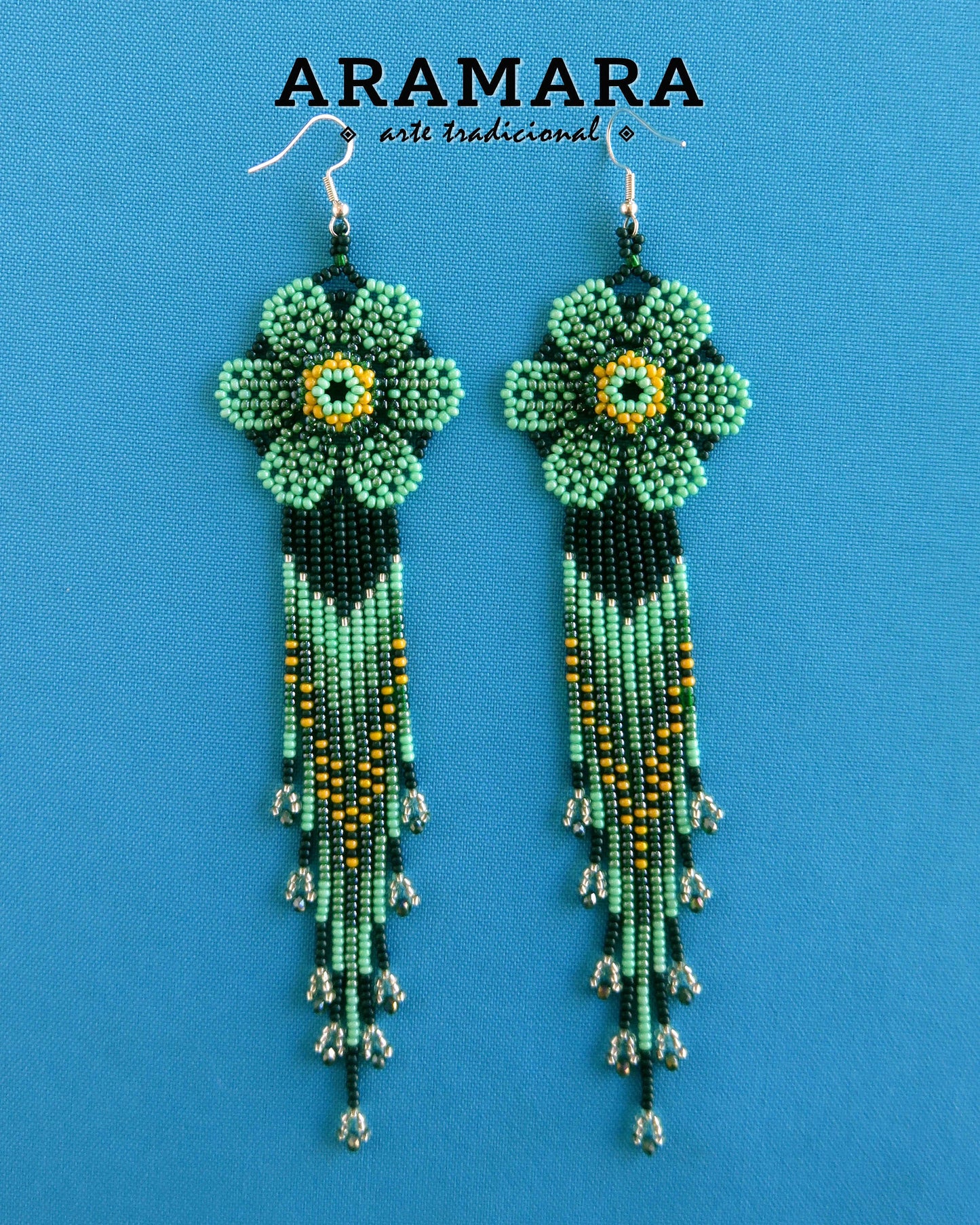 Native american earrings, Flower Earrings, Huichol Earrings, Mexican Jewelry, Mexican folk art, Beaded Flower, Mexican earrings, AF-0942