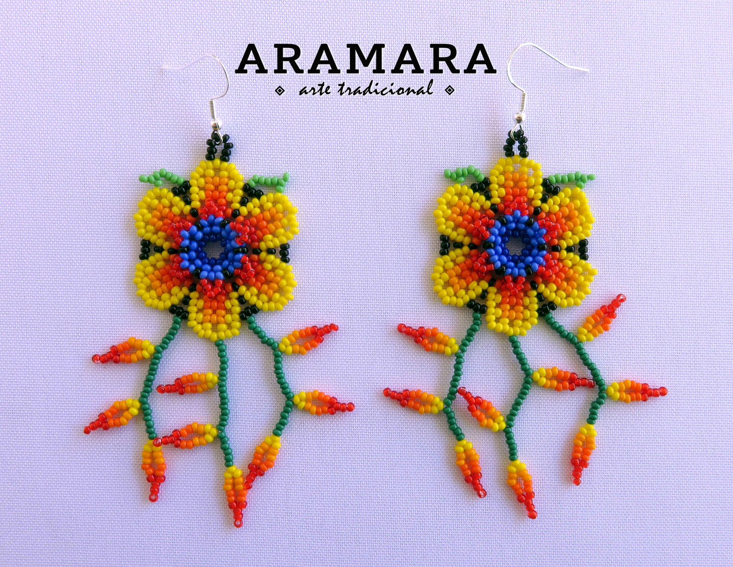 Yellow Huichol Beaded Flower Earrings | AF-0943