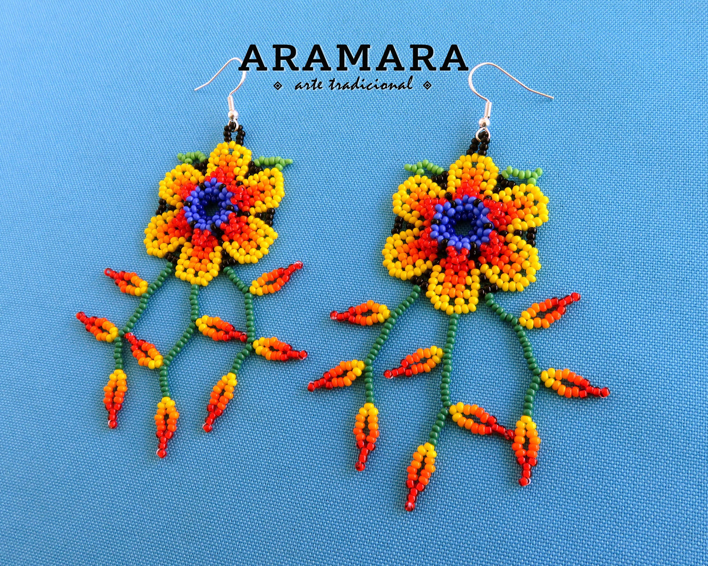 Yellow Huichol Beaded Flower Earrings | AF-0943