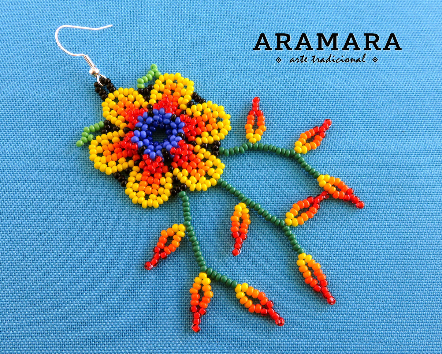 Yellow Huichol Beaded Flower Earrings | AF-0943