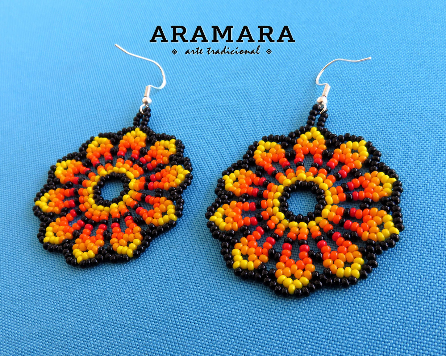 Yellow and Orange Huichol Beaded Flower Earrings | AF-0946