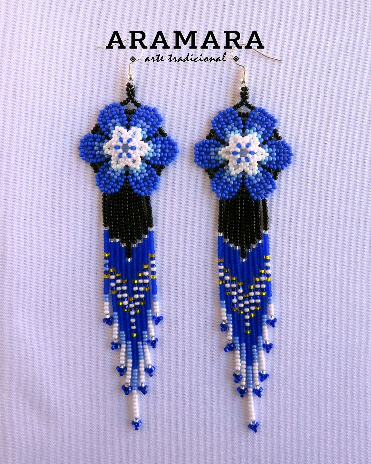 Blue and White Huichol Beaded Flower Earrings | AF-0947