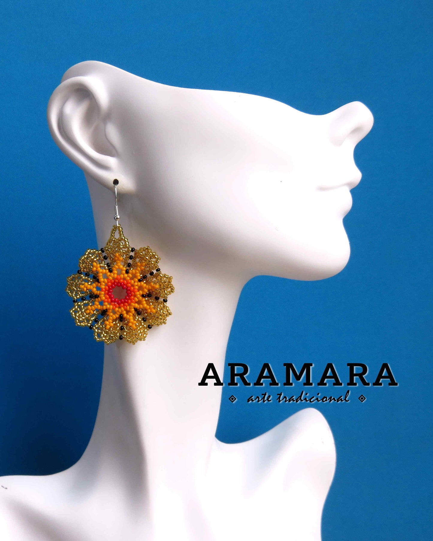 Yellow and golden Huichol Beaded Flower Earrings | AF-0934
