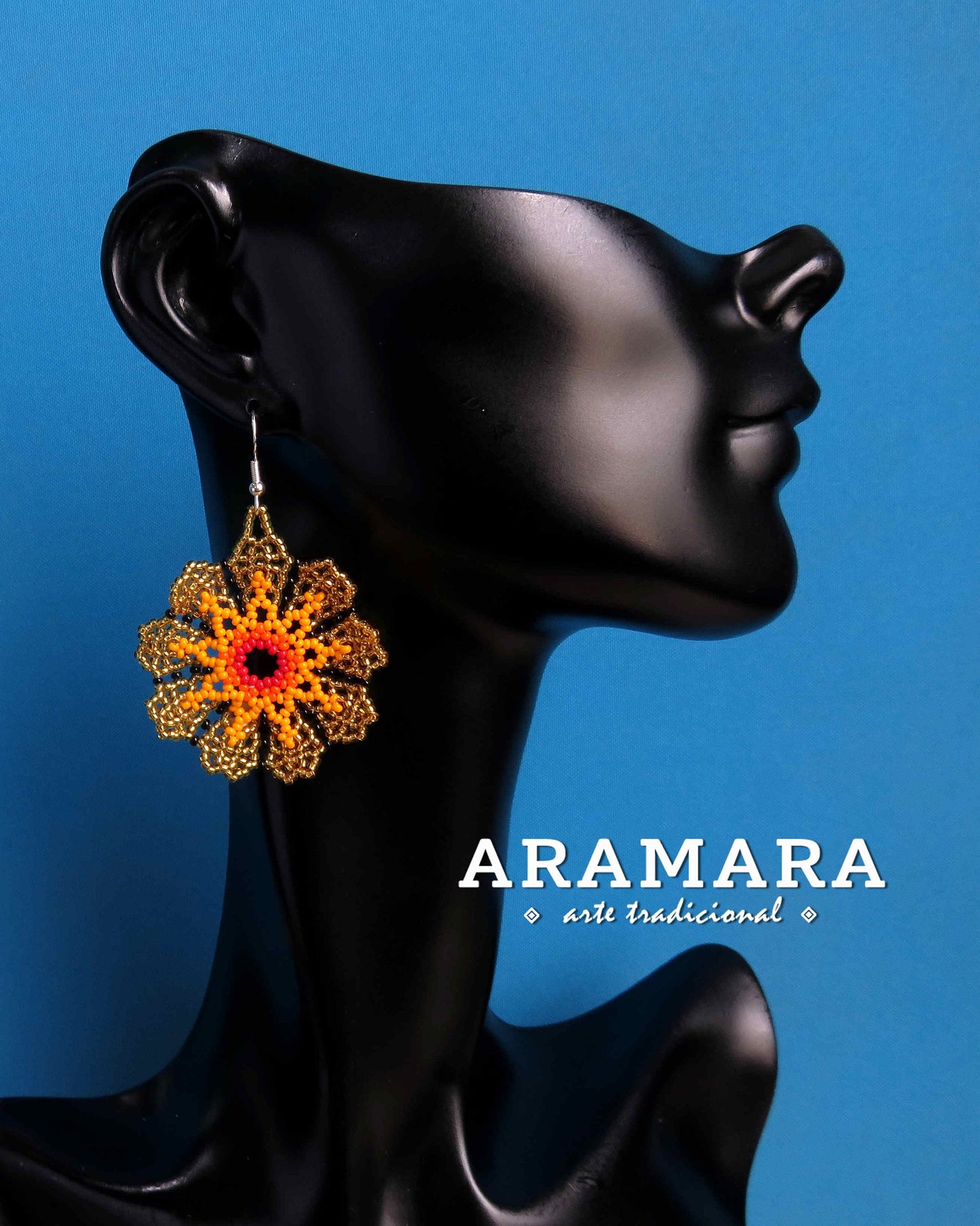 Yellow and golden Huichol Beaded Flower Earrings | AF-0934