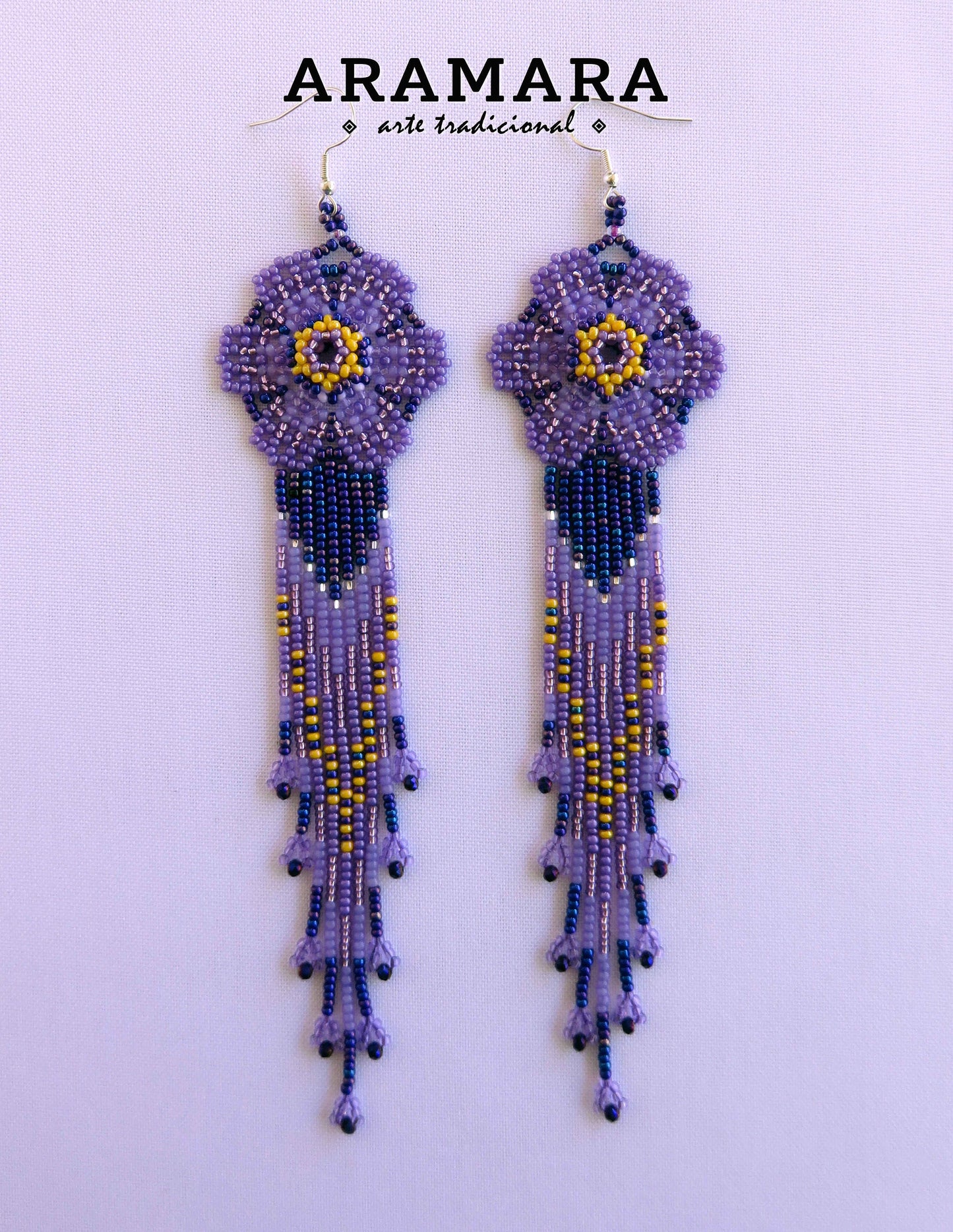 Purple and yellow Huichol Beaded Flower earrings | AF-0949