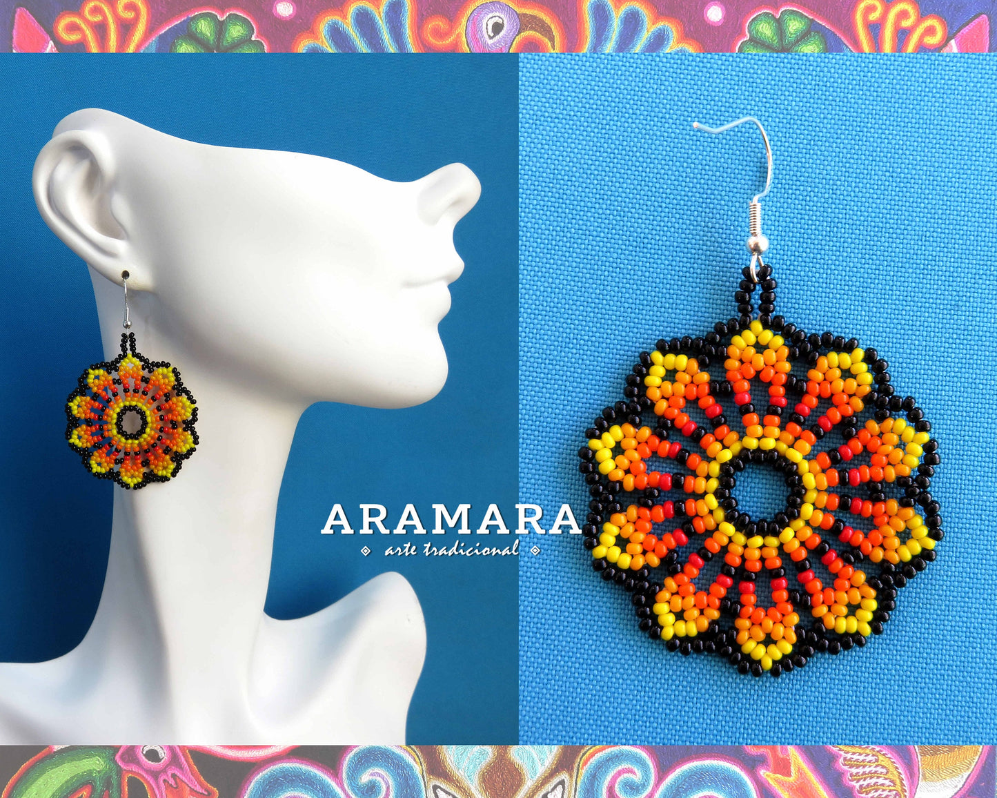 Yellow and Orange Huichol Beaded Flower Earrings | AF-0946